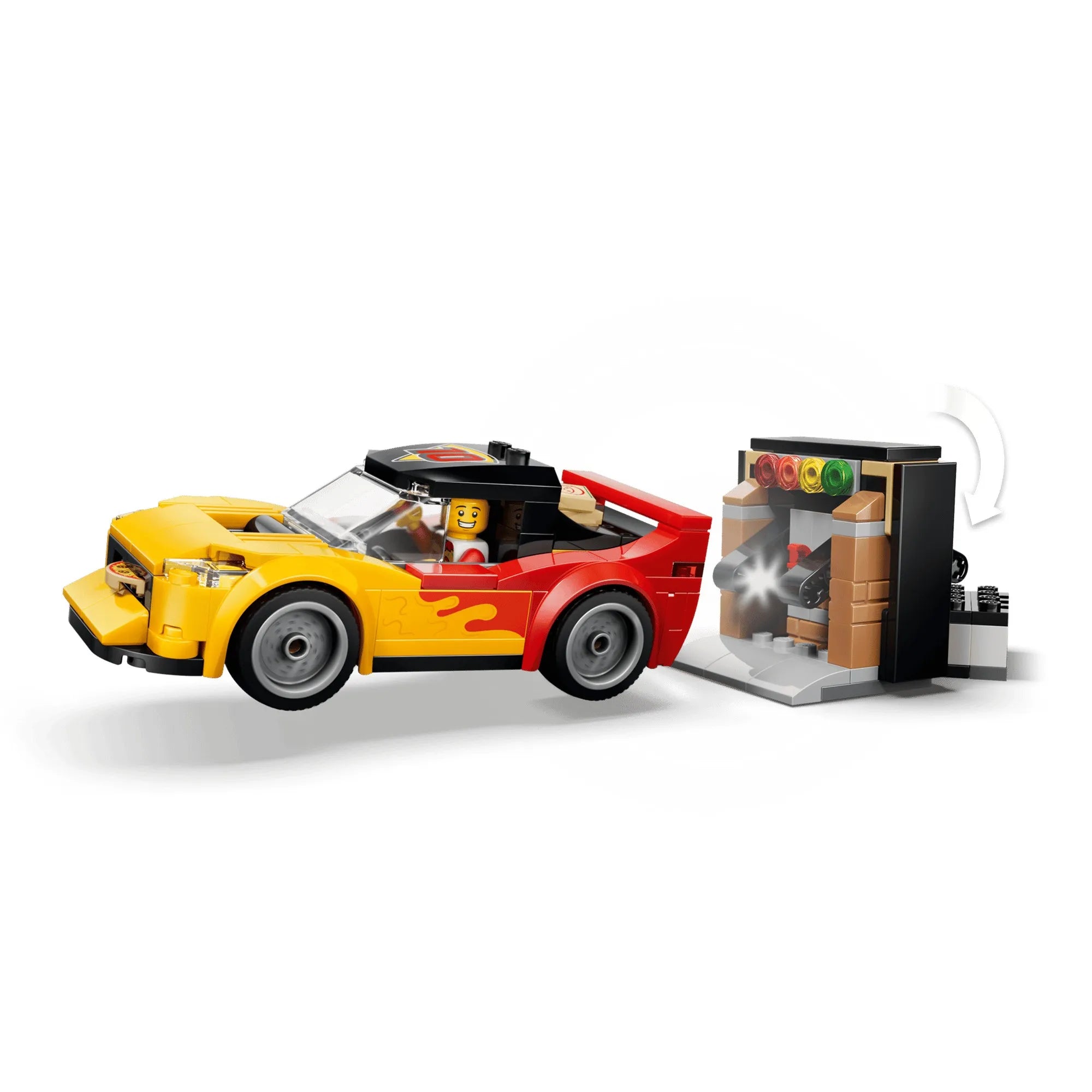 A LEGO City 60496 pizzakiszállító autó akció közben, pizzaindító mechanizmussal és szállítódobozzal.