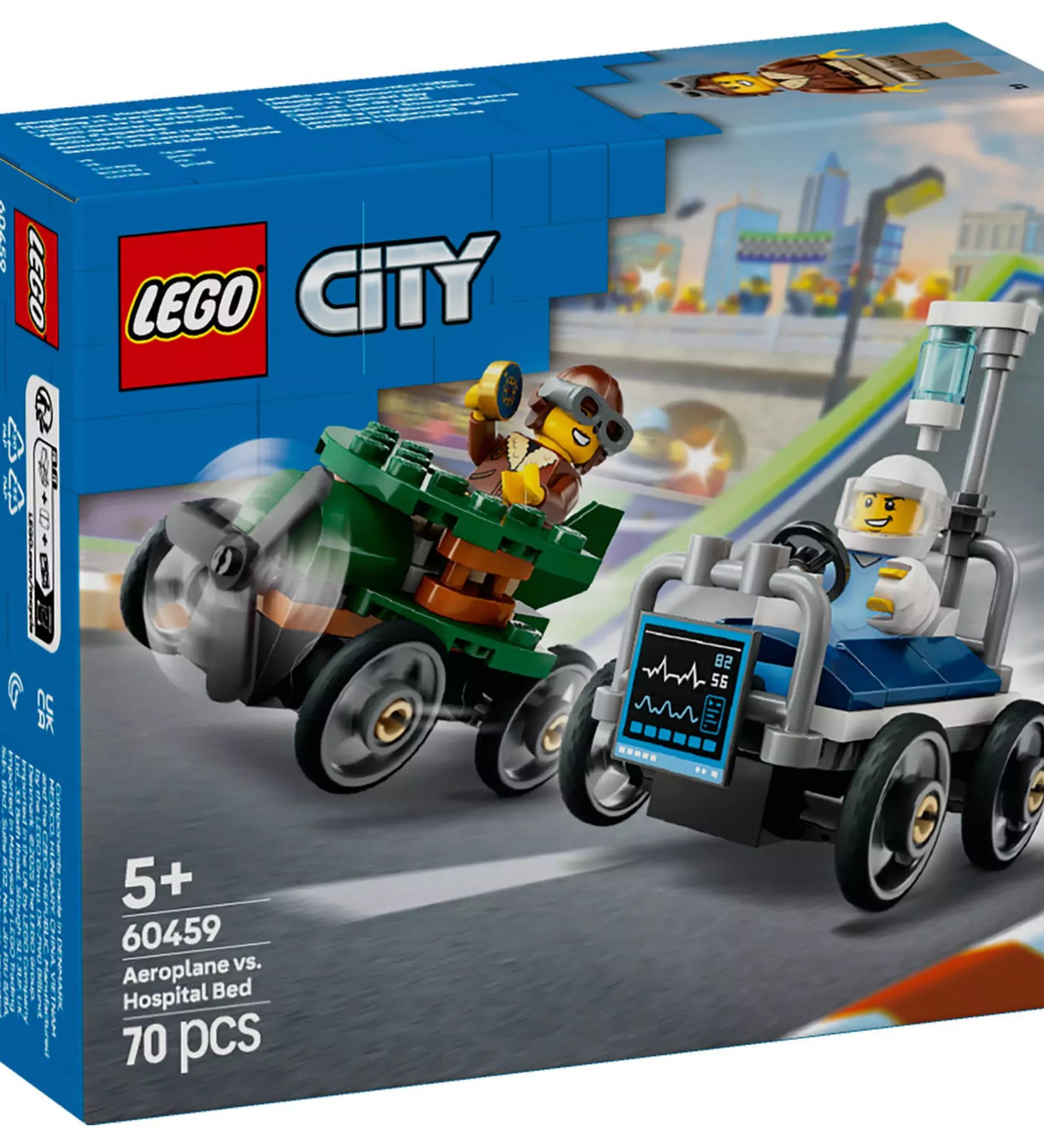  LEGO City Repülő vs. Kórházi ágy (60459) játékkészlet doboza, amely két soapbox versenyautót ábrázol: egy repülőt és egy kórházi ágyat.