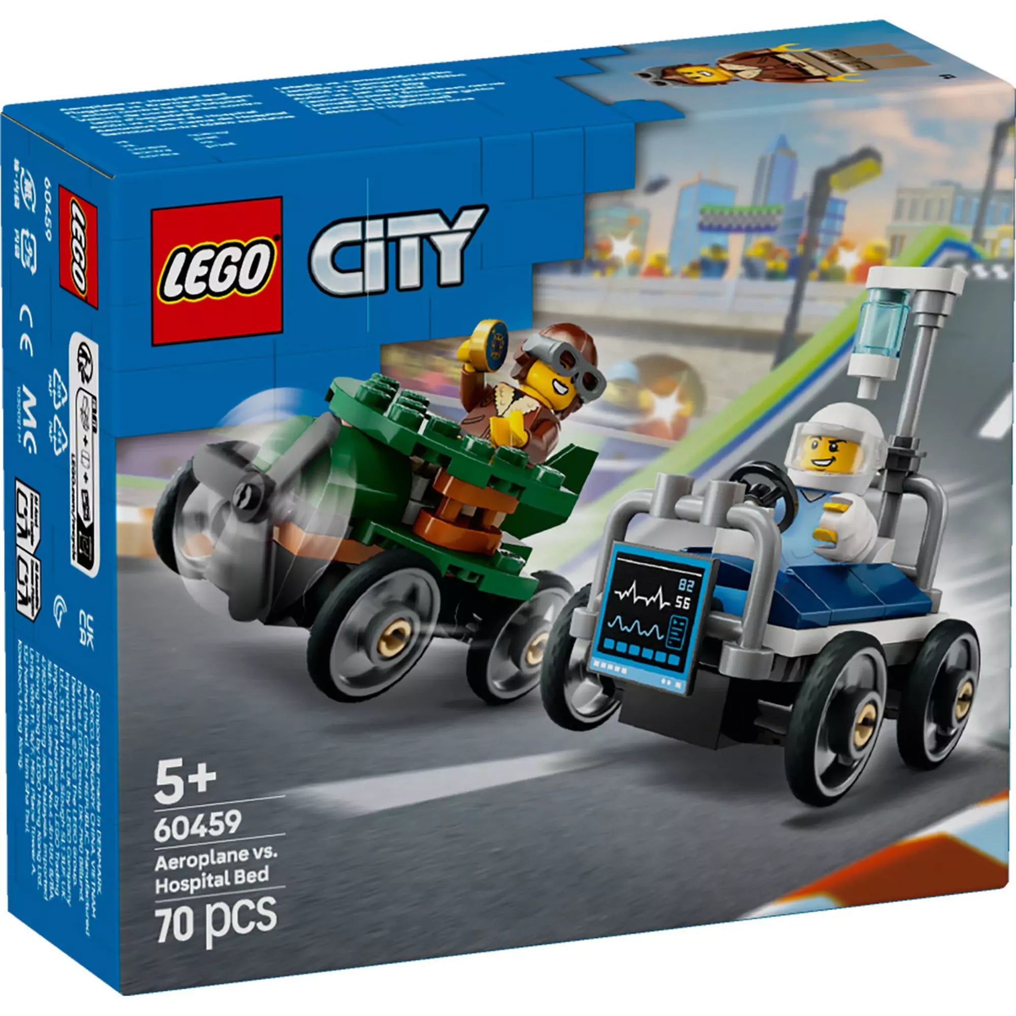  LEGO City Repülő vs. Kórházi ágy (60459) játékkészlet doboza, amely két soapbox versenyautót ábrázol: egy repülőt és egy kórházi ágyat.