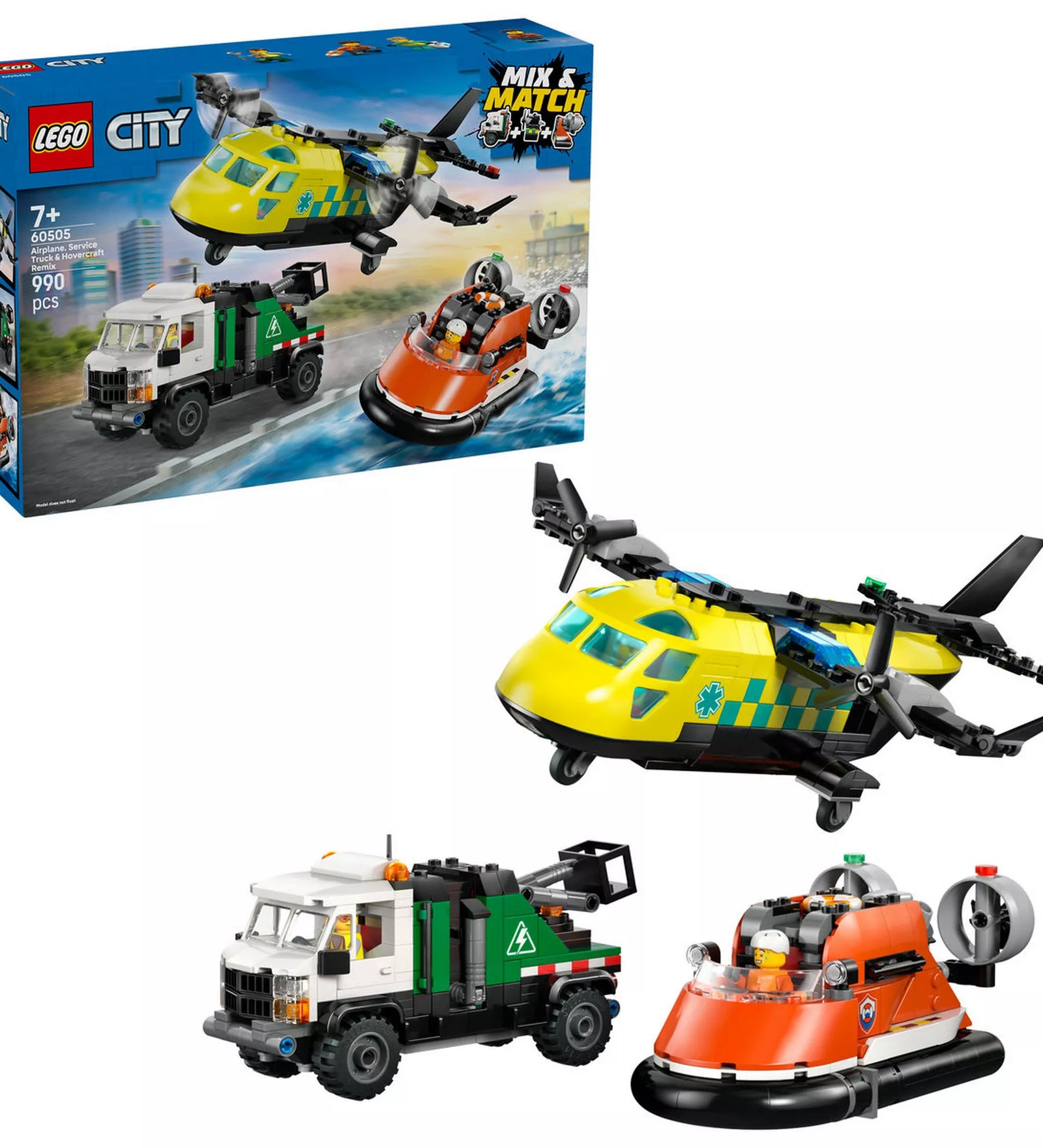LEGO City 60505 készlet doboza és az elkészült mentőrepülő, szervizteherautó és légpárnás jármű fehér háttér előtt