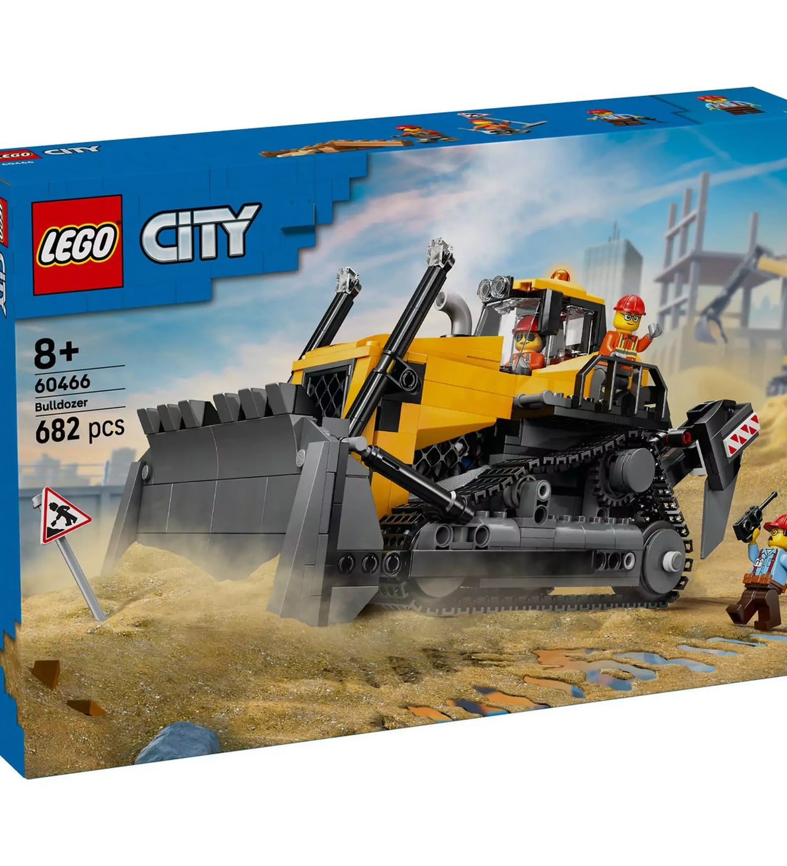 LEGO City: Sárga buldózer 60466 doboza és buldózere homokos építkezési jelenettel és három munkás minifigurával.