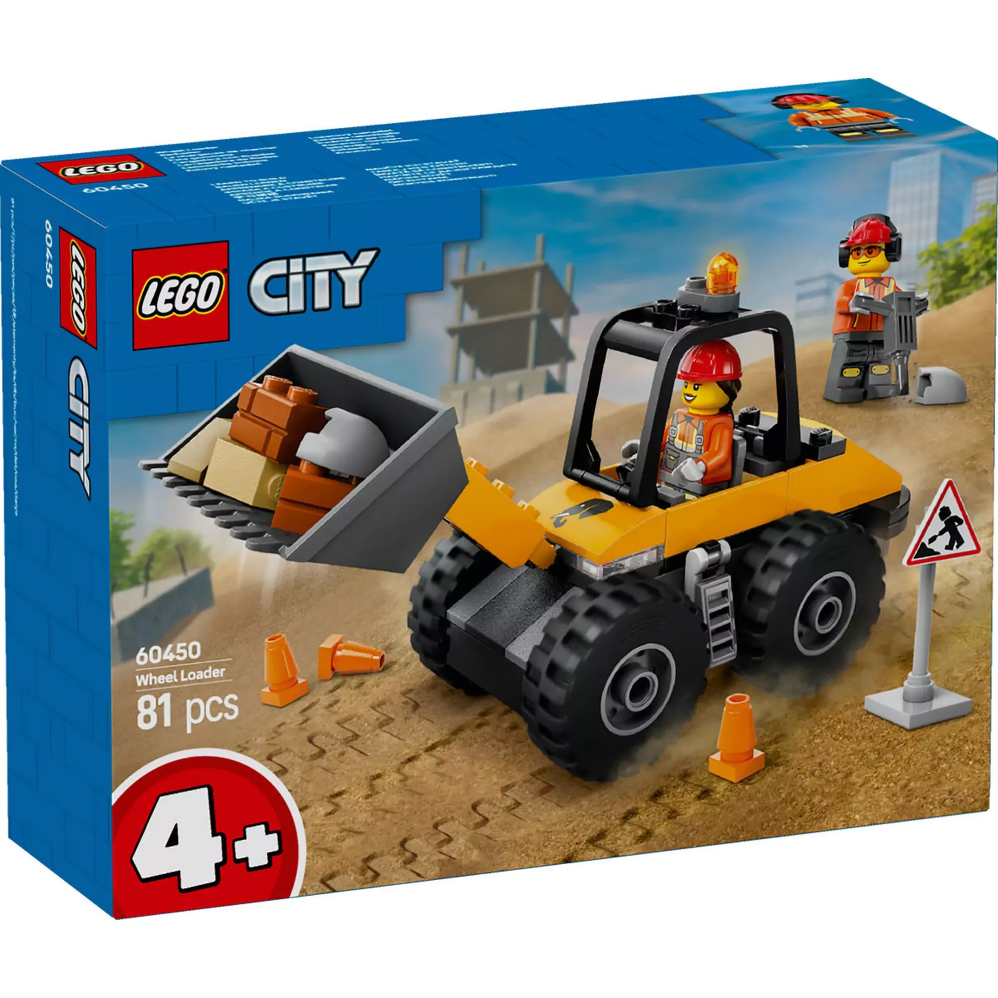 LEGO City Sárga, kerekes rakodógép 60450 játékdoboz elölről, rajta a rakodógép és a kiegészítők illusztrációjával.