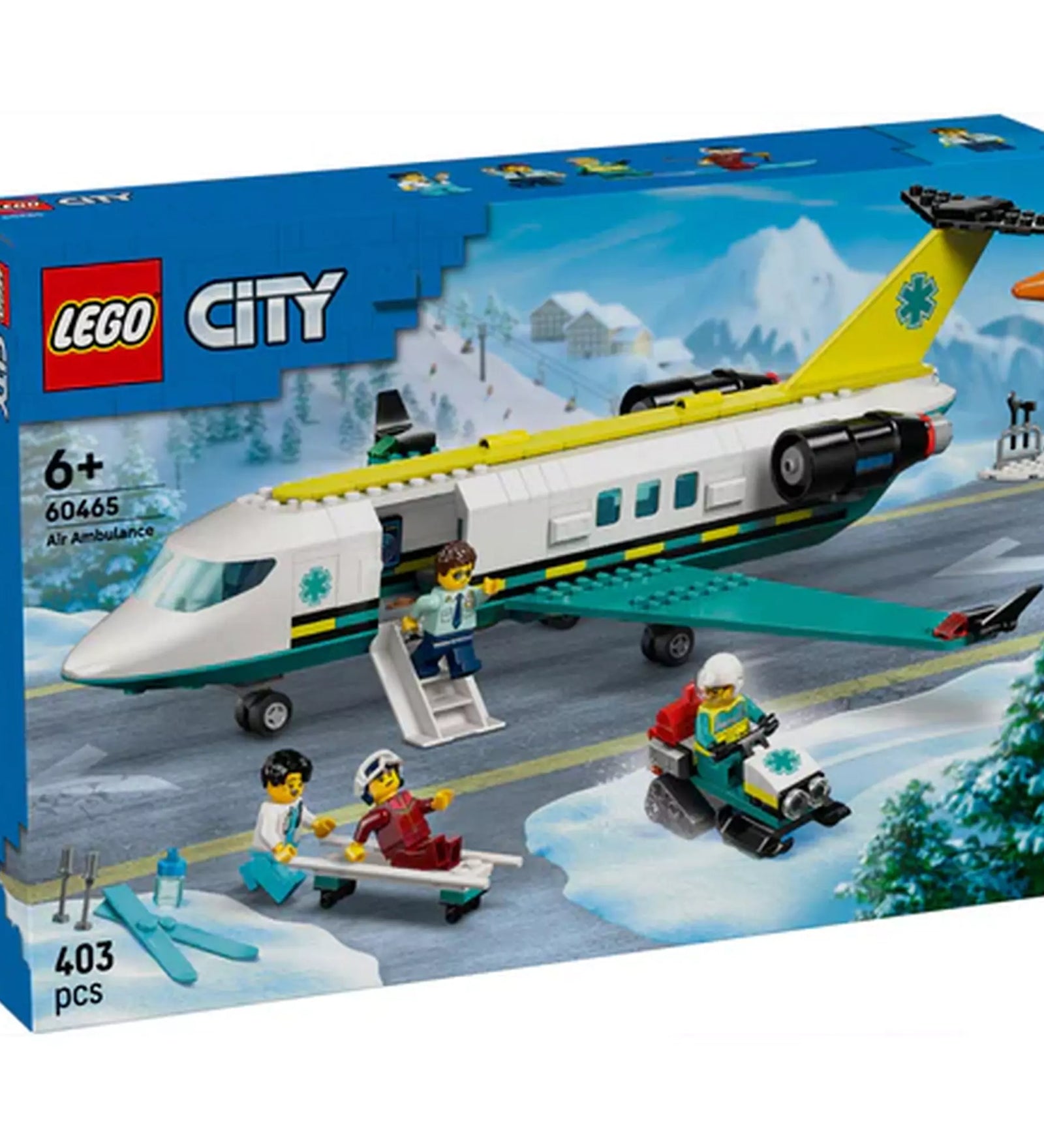 LEGO City: Sürgősségi mentőrepülőgép 60465 doboza téli háttérrel és mentési jelenettel, szereplőkkel.