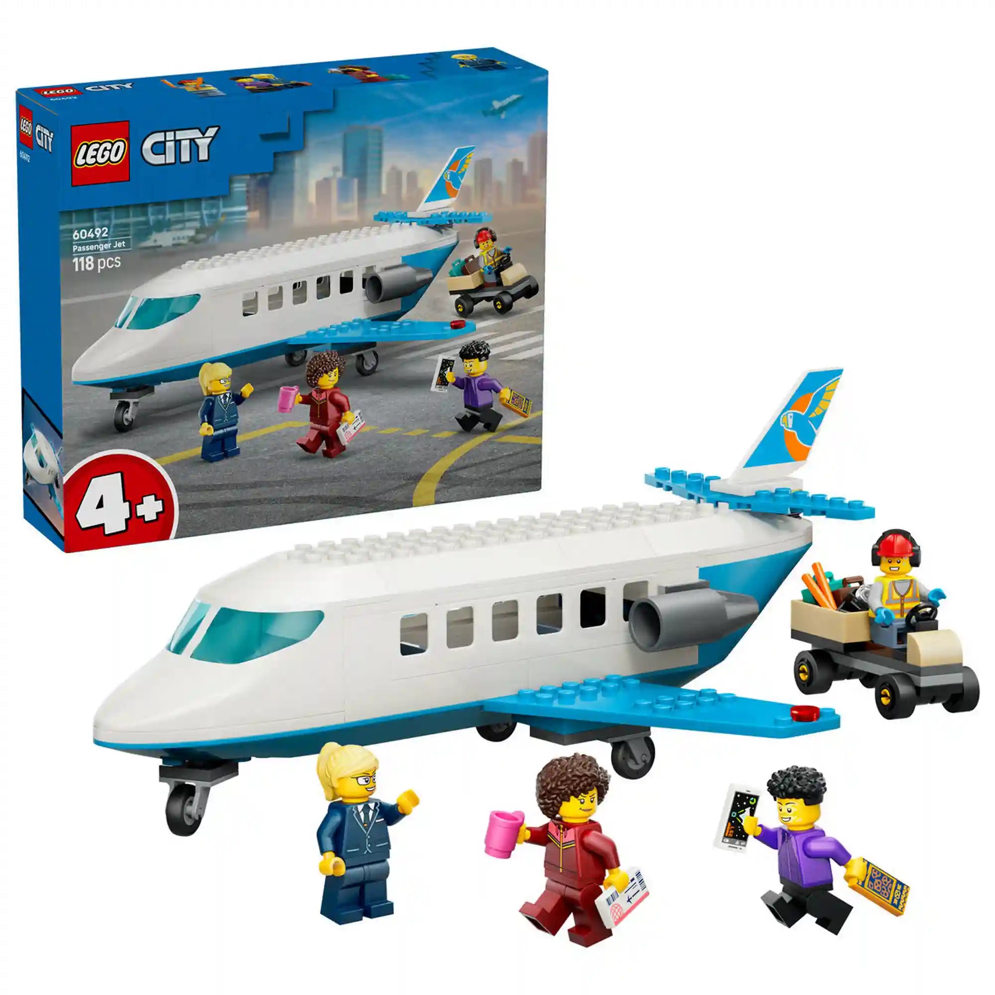 LEGO City Utasszállító repülőgép (60492) építőkészlet dobozképpel, fehér-kék sugárhajtású repülőgéppel, poggyászszállító kocsival és négy minifigurával.