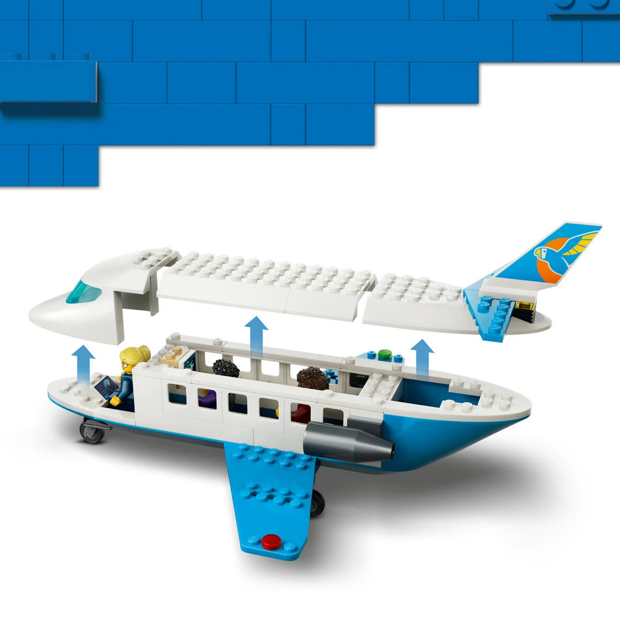 A LEGO City Utasszállító repülőgép szétnyitott kialakítása, amely bemutatja a pilótafülkét és az utaskabint. A levehető felső résznek köszönhetően könnyen hozzáférhető a belső tér, ahol az utasok és a pilóta elhelyezhetők.