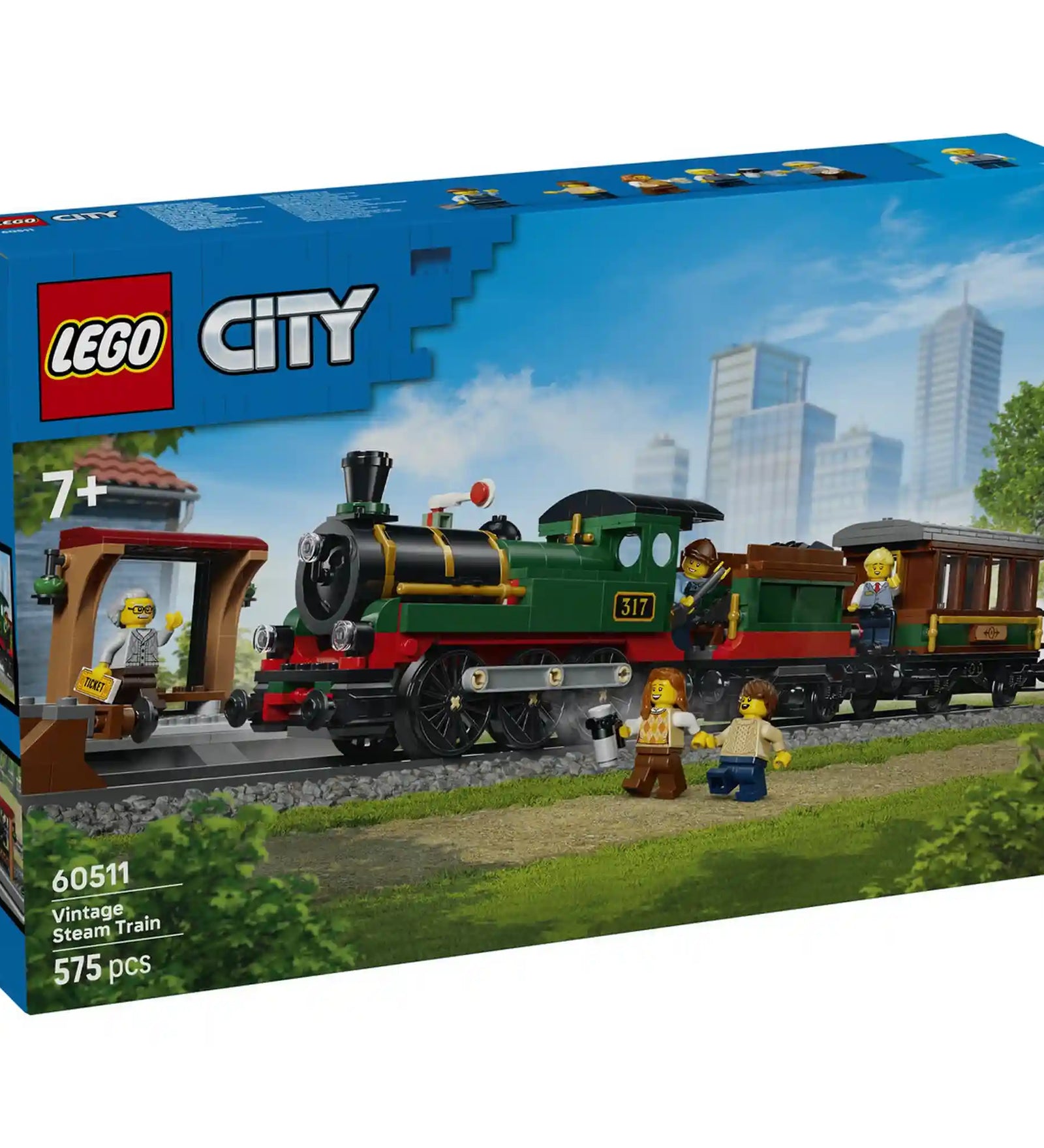 LEGO City Veterán gőzvonat 60511 dobozkép klasszikus zöld gőzmozdonnyal, személykocsival és állomási jelenettel.