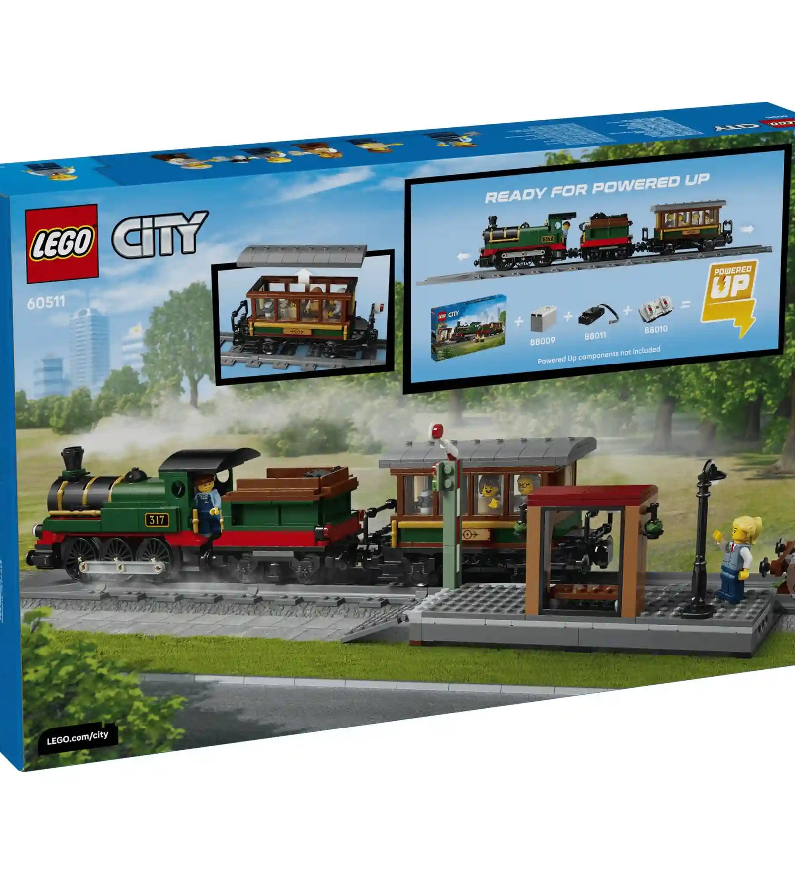 LEGO City Veterán gőzvonat 60511 doboz hátoldala, Powered Up bővítési lehetőségekkel és funkcióbemutató képekkel.