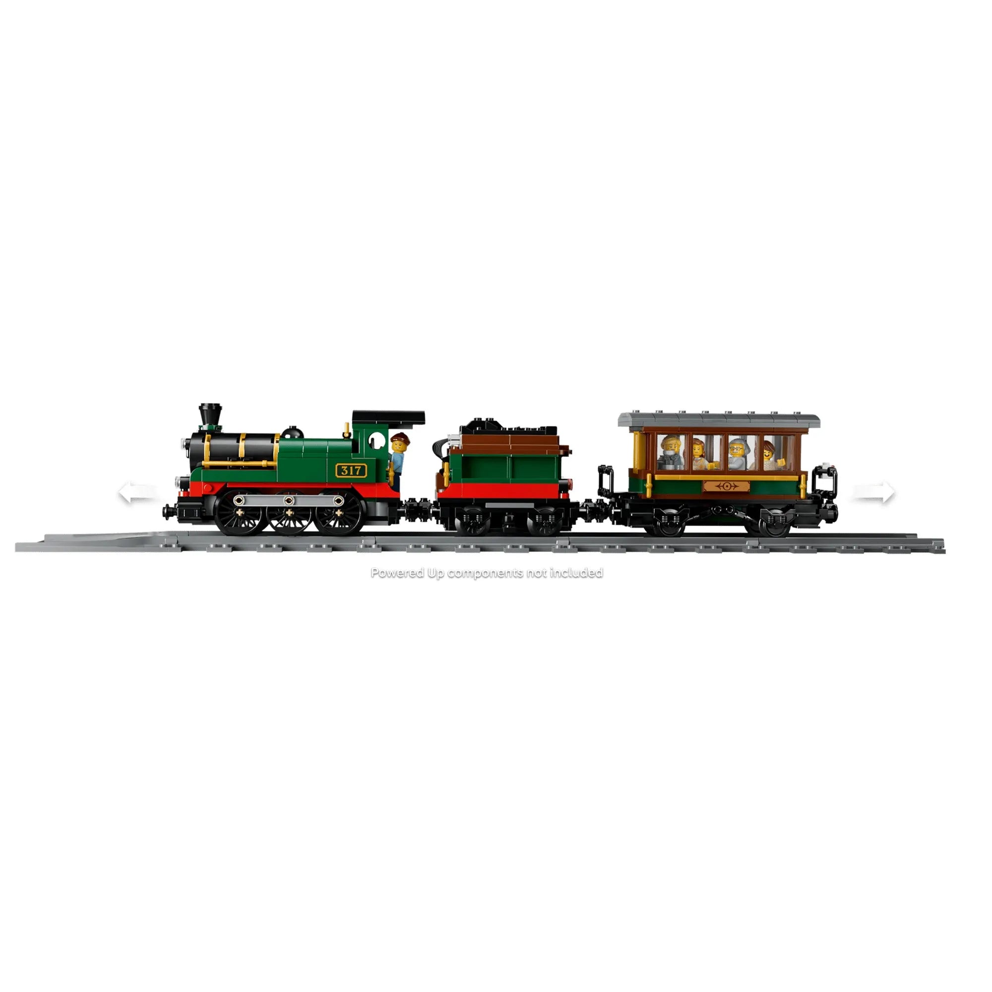 LEGO City Veterán gőzvonat 60511 mozdony és kocsik oldalsó nézete, Powered Up kompatibilitást bemutató illusztrációval.
