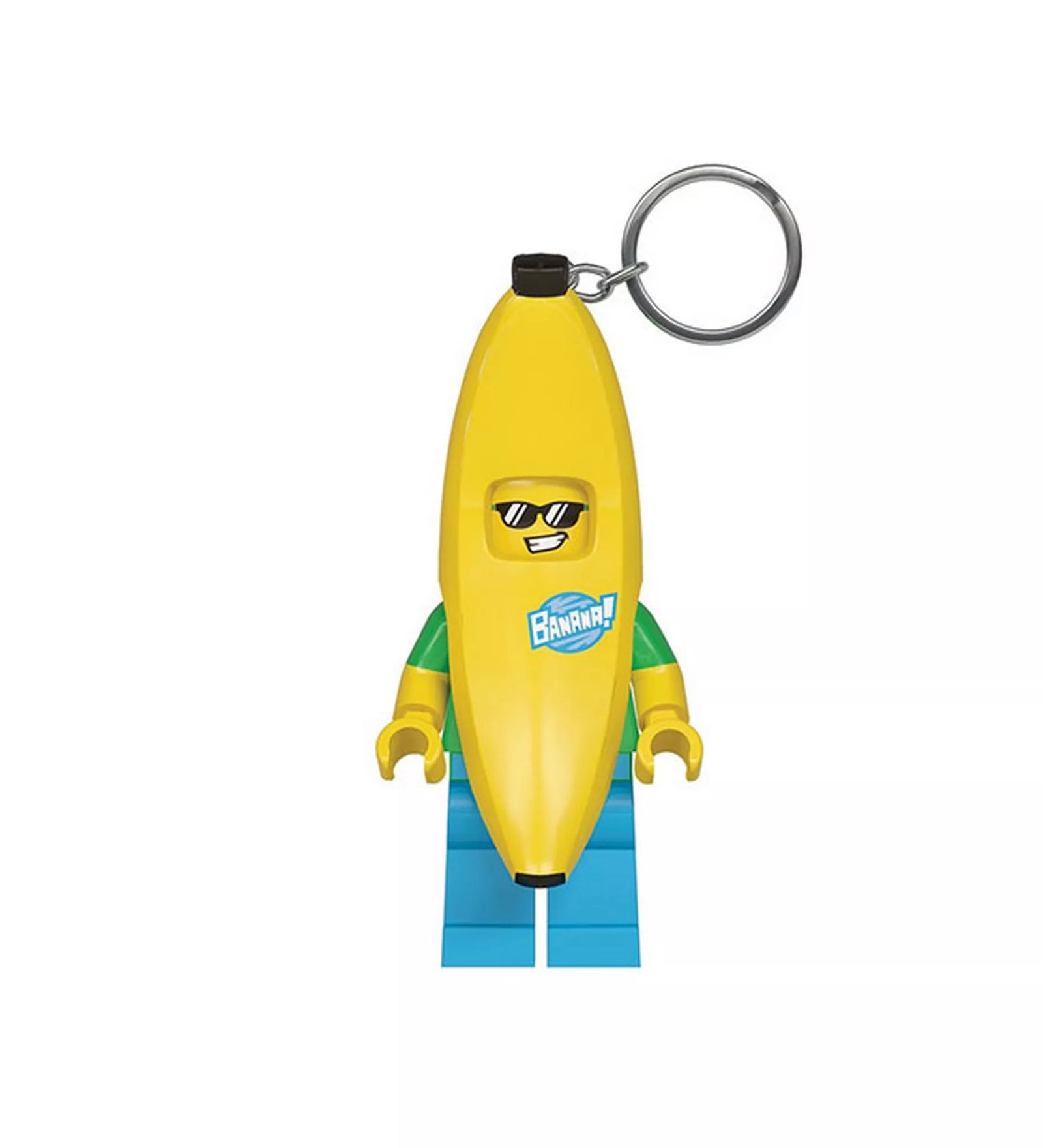 A LEGO Banán alakú LED kulcstartó közelről, részletesen ábrázolva. A vidám, napszemüveges LEGO figura sárga banán jelmezben, két lábában LED-lámpával és mozgatható karokkal, praktikus és szórakoztató kiegészítő LEGO rajongóknak.