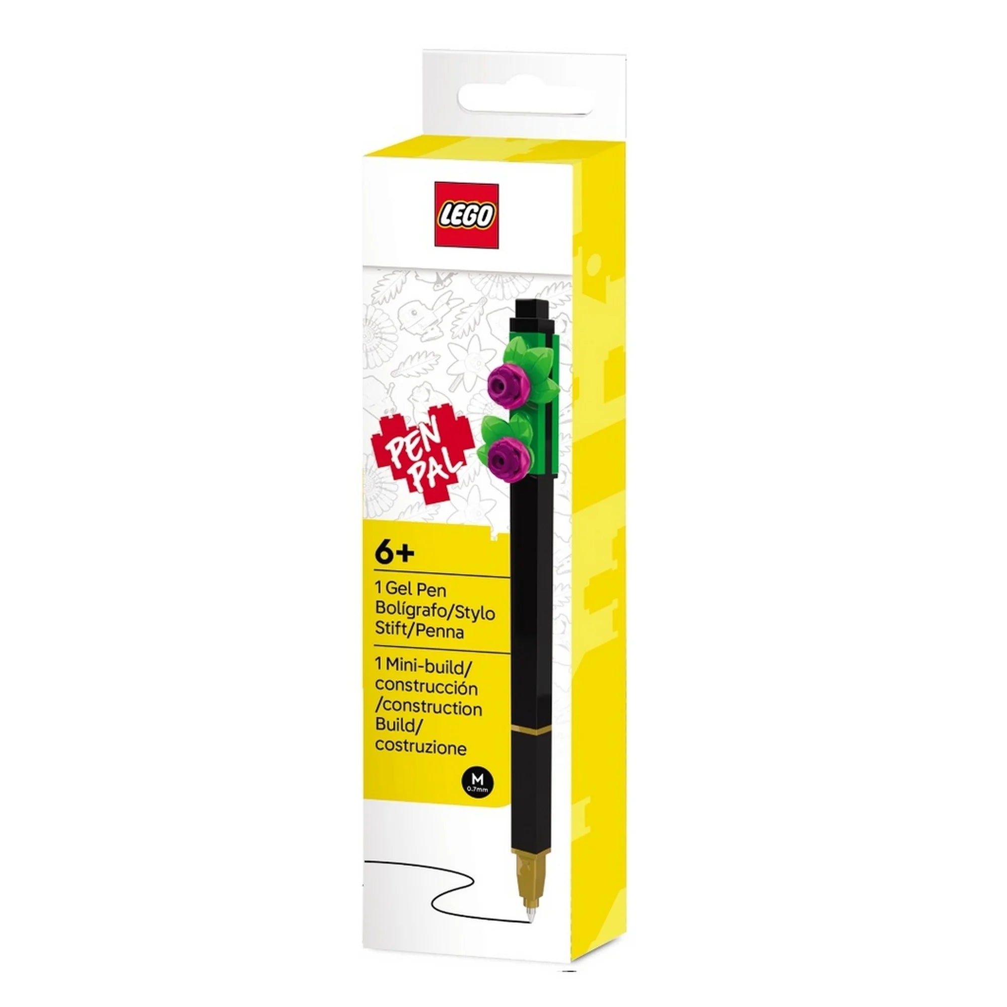 LEGO Botanikai kollekció zselés toll fekete kivitelben, két lila LEGO virággal és eredeti díszdobozában.
