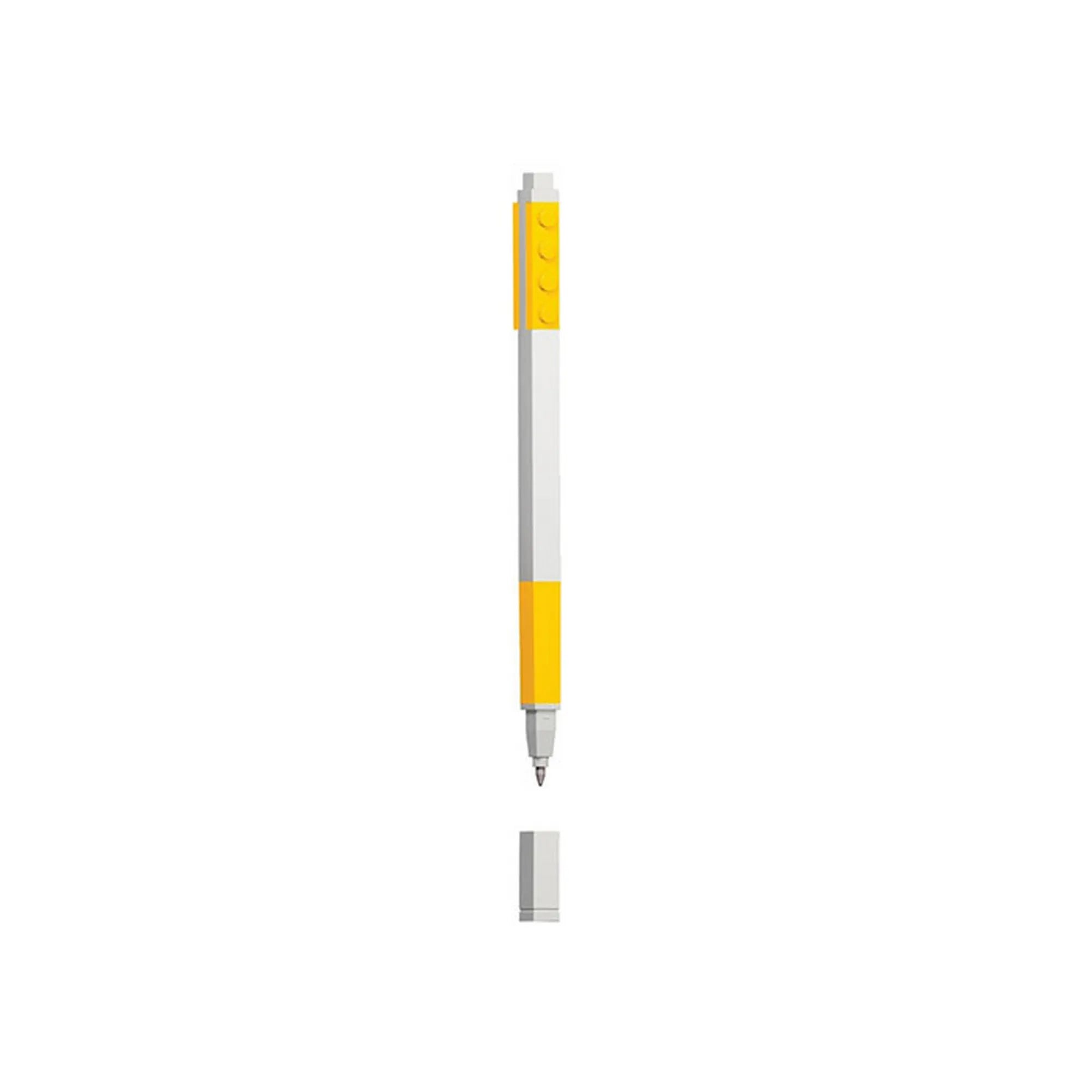 LEGO Classic: Sárga zselés toll 52653 fehér tolltesttel, sárga LEGO kocka mintájú díszítőelemekkel és levehető kupakkal, letisztult termékfotón.
