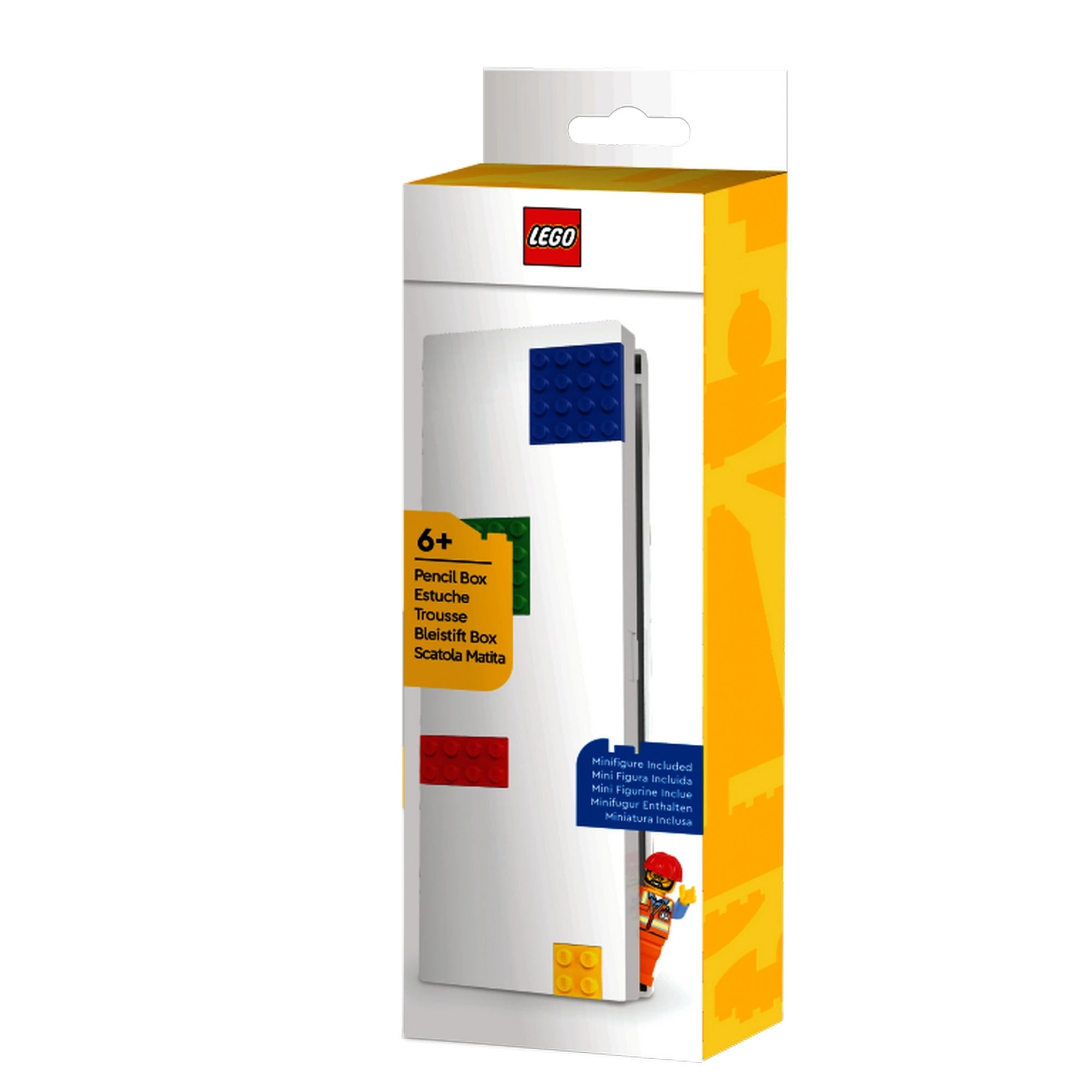 Fehér LEGO tolltartó színes, kék, zöld, piros és sárga LEGO építőlapokkal, narancssárga ruhás minifigurával, eredeti csomagolásban.