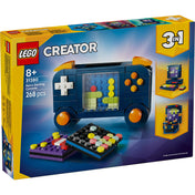 LEGO Creator 3 az 1-ben Retro videojáték konzol 31380 doboz eleje, a fő konzolmodellel és a 3 az 1-ben funkcióval.