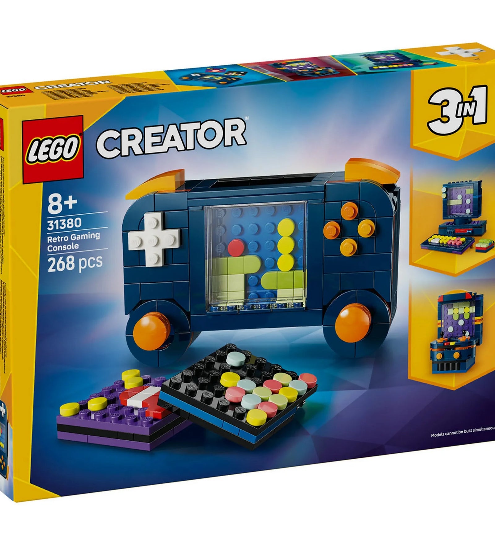 LEGO Creator 3 az 1-ben Retro videojáték konzol 31380 doboz eleje, a fő konzolmodellel és a 3 az 1-ben funkcióval.