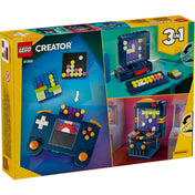LEGO Creator 3 az 1-ben Retro videojáték konzol 31380 doboz hátoldala, a három megépíthető modell bemutatásával.