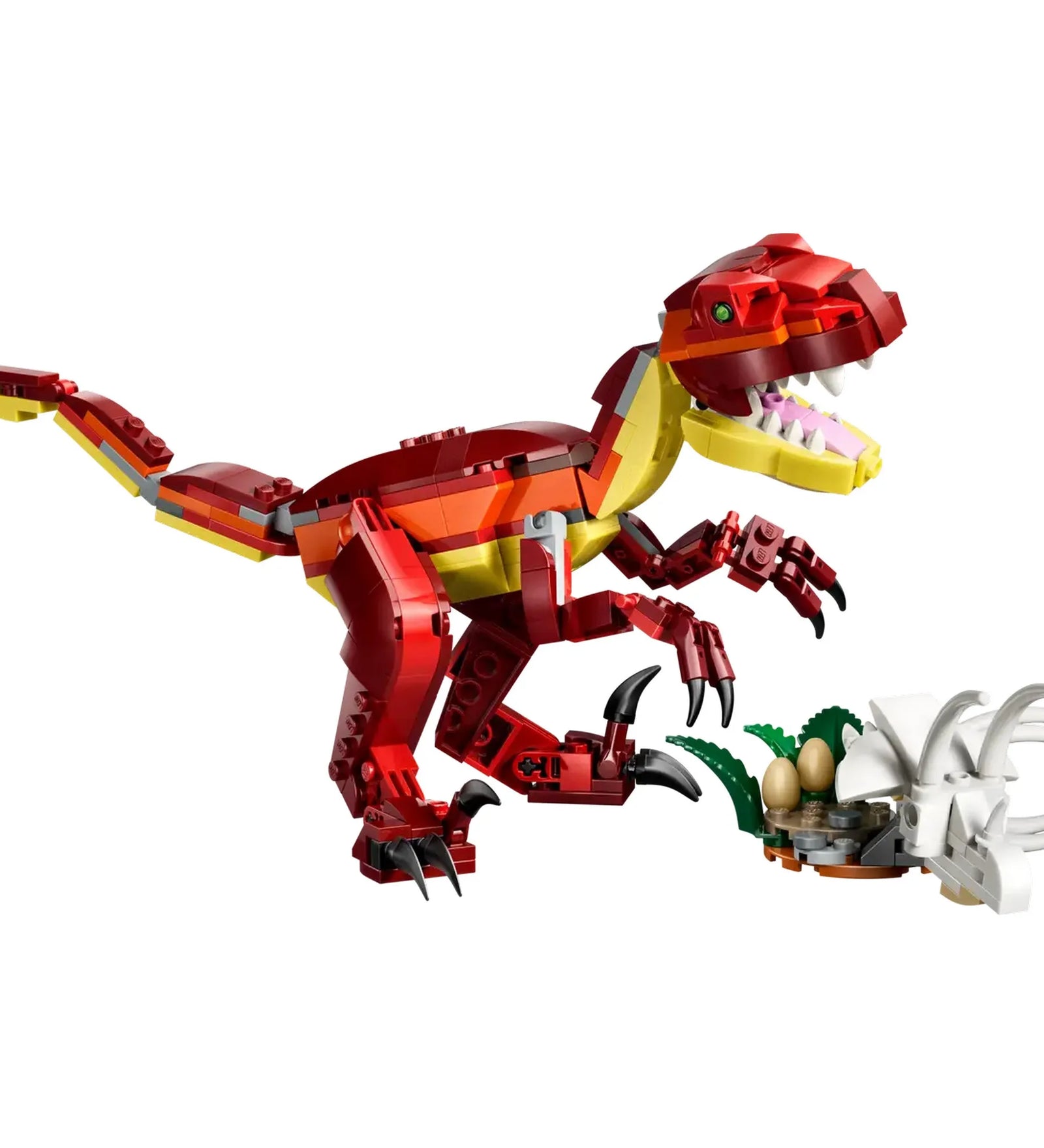 LEGO Creator 3 az 1-ben: Félelmetes dinoszaurusz 31379 piros T-rex figura csontvázzal és tojásokkal.