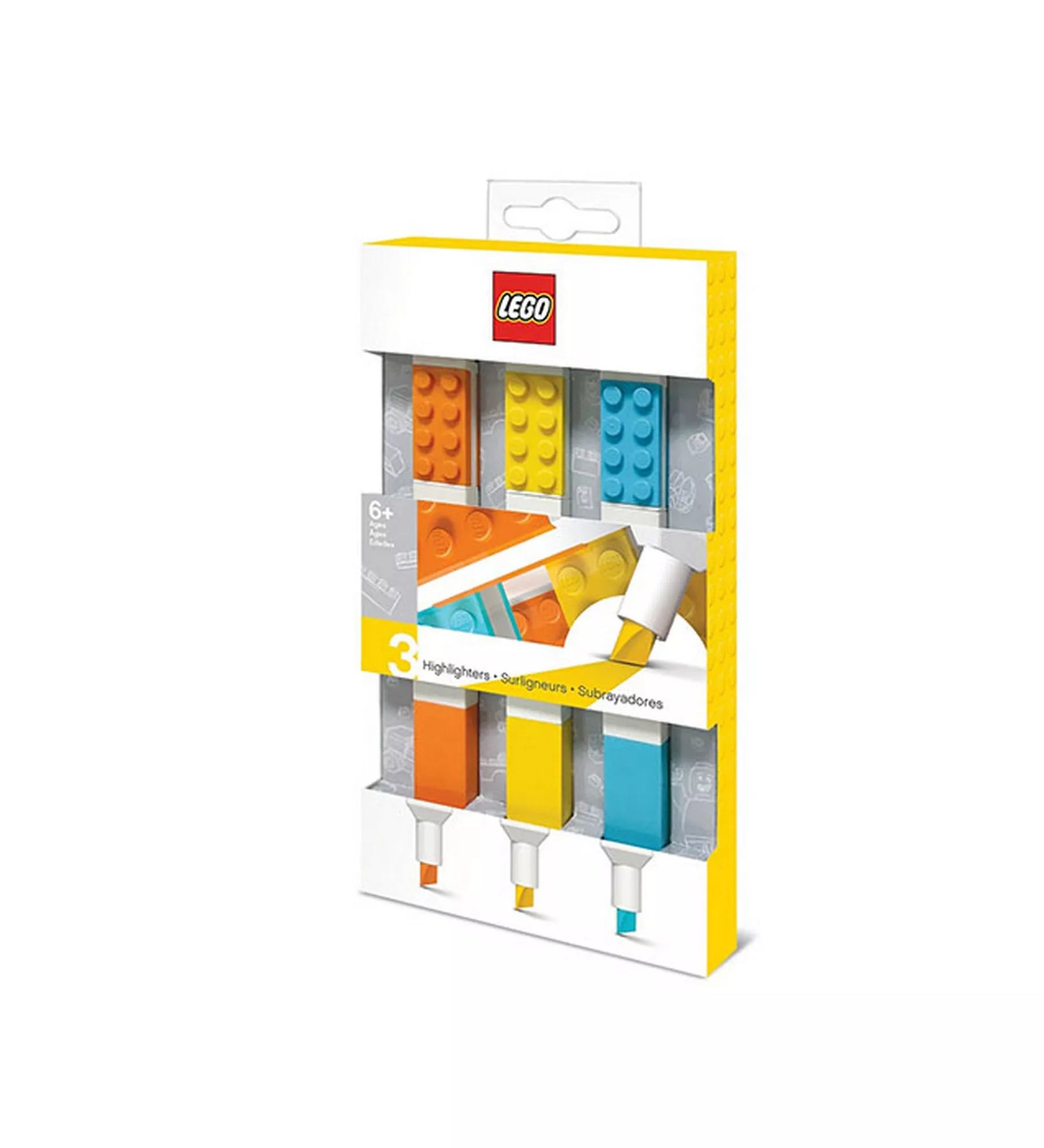 LEGO jelölőfilc készlet 51685 három színes kiemelővel narancssárga sárga és kék LEGO kocka dizájnú filcekkel csomagolásban.