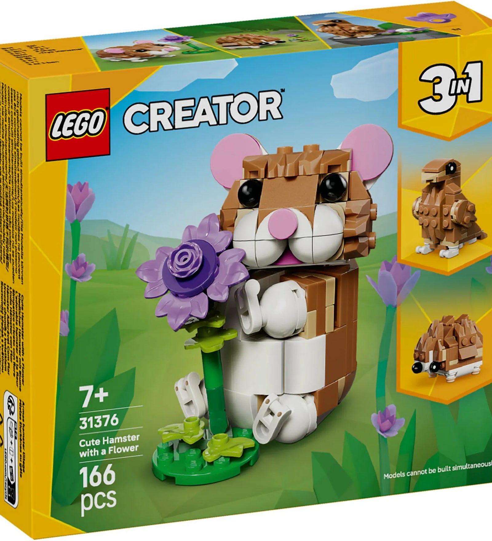 LEGO Creator: Cute Hamster with a Flower (31376) dobozképe, a virágot tartó hörcsög fő modelljével és a 3 az 1-ben építési lehetőséggel.
