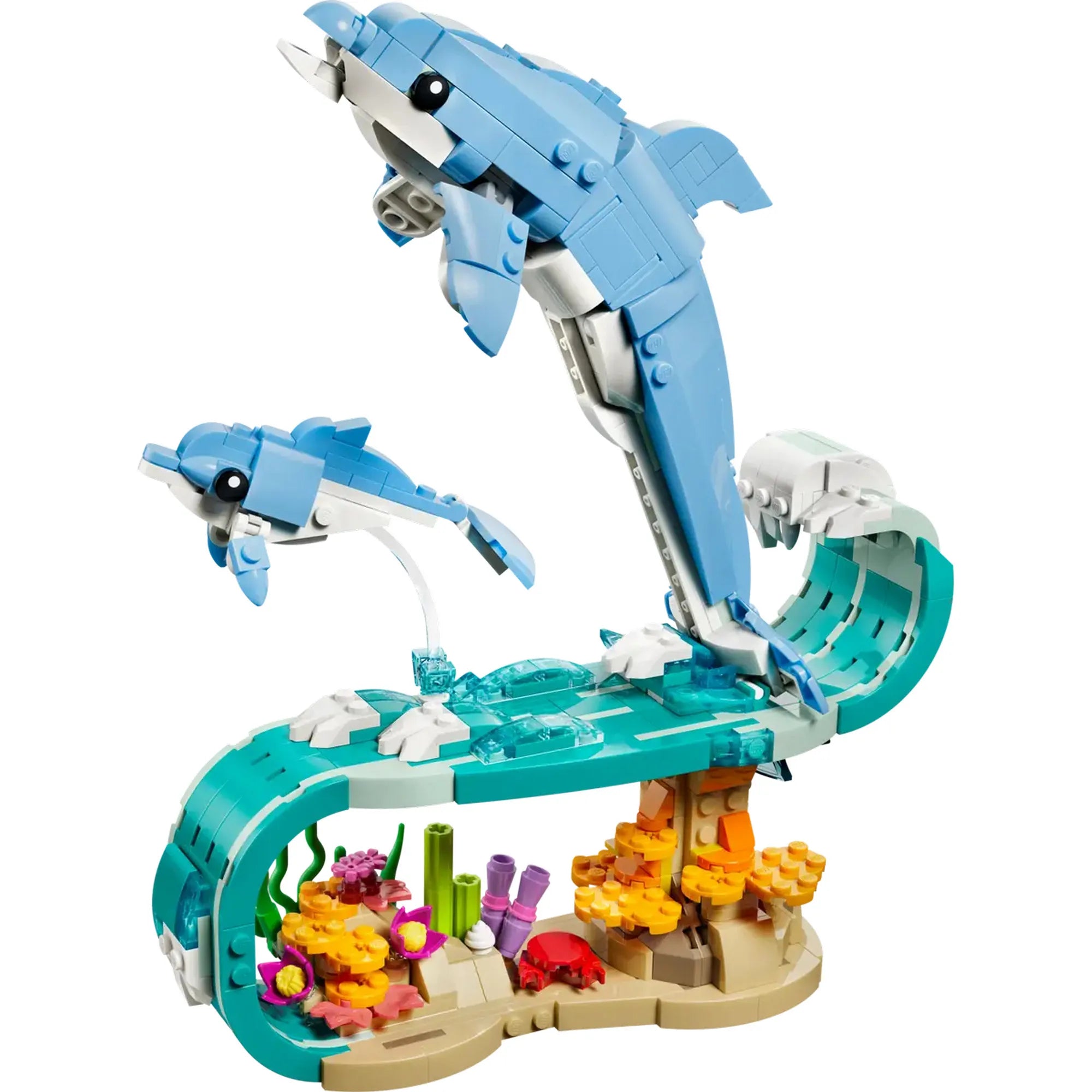 LEGO Creator: Csodálatos delfinek 31385 – A fő delfines modell részletes vízi alappal, korallokkal és tengeri élővilággal.