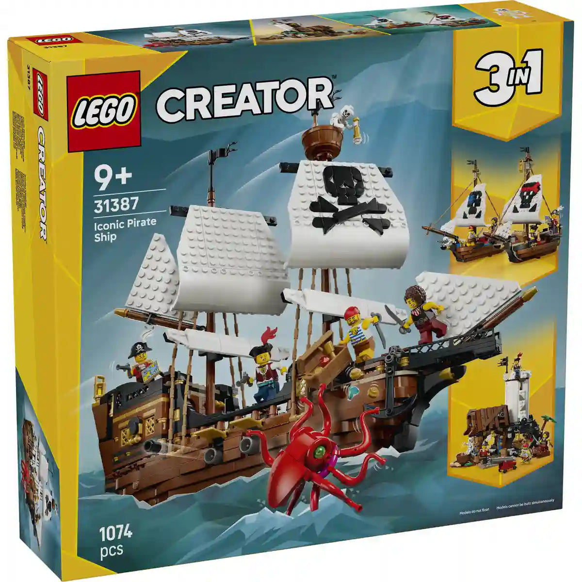 A LEGO Creator 3 az 1-ben Ikonikus kalózhajó (31387) készlet dobozának fedolapja, amely részletesen bemutatja a kalózhajó, a kalózkastély és a két ikerhajó alternatív építési lehetőségeit.