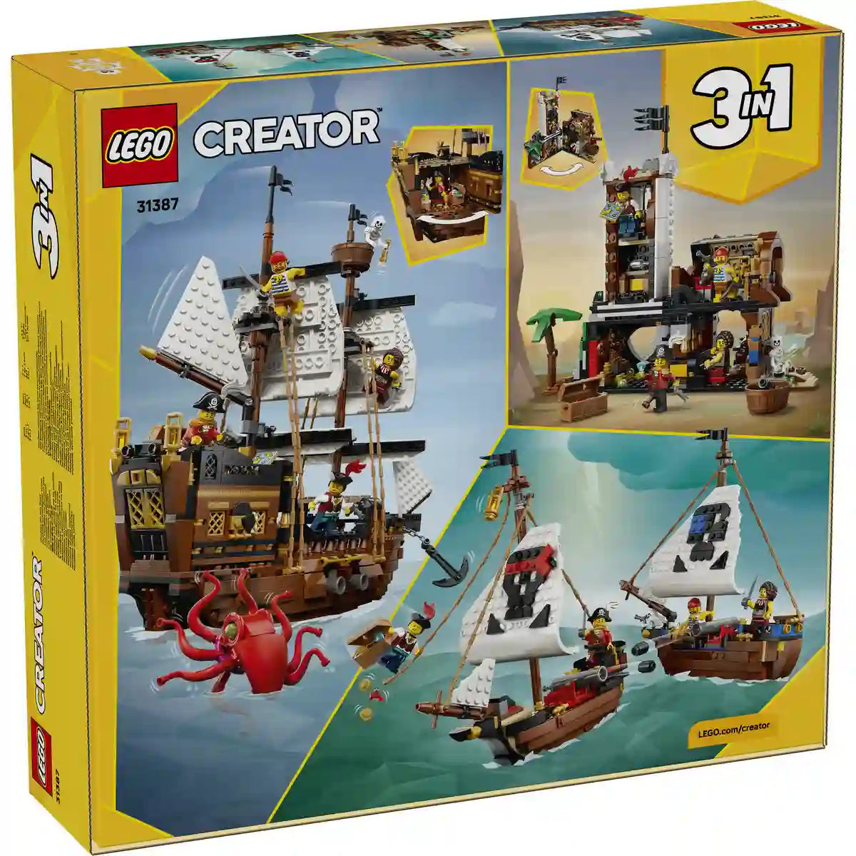 LEGO Creator 3 az 1-ben Ikonikus kalózhajó (31387) készlet hátoldala, amely bemutatja a három megépíthető modellt: a részletgazdag kalózhajót, a kalózkastélyt és a két kisebb ikerhajót.