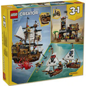 LEGO Creator 3 az 1-ben Ikonikus kalózhajó (31387) készlet hátoldala, amely bemutatja a három megépíthető modellt: a részletgazdag kalózhajót, a kalózkastélyt és a két kisebb ikerhajót.