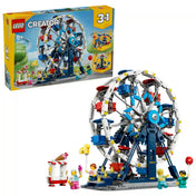 LEGO Creator 3 az 1-ben Ikonikus óriáskerék (31389) készlet fő modellje a termék dobozával együtt. A nagyméretű kék-fehér óriáskerék nyolc színes kabinnal, fagylaltos standdal és négy minifigurával látható.