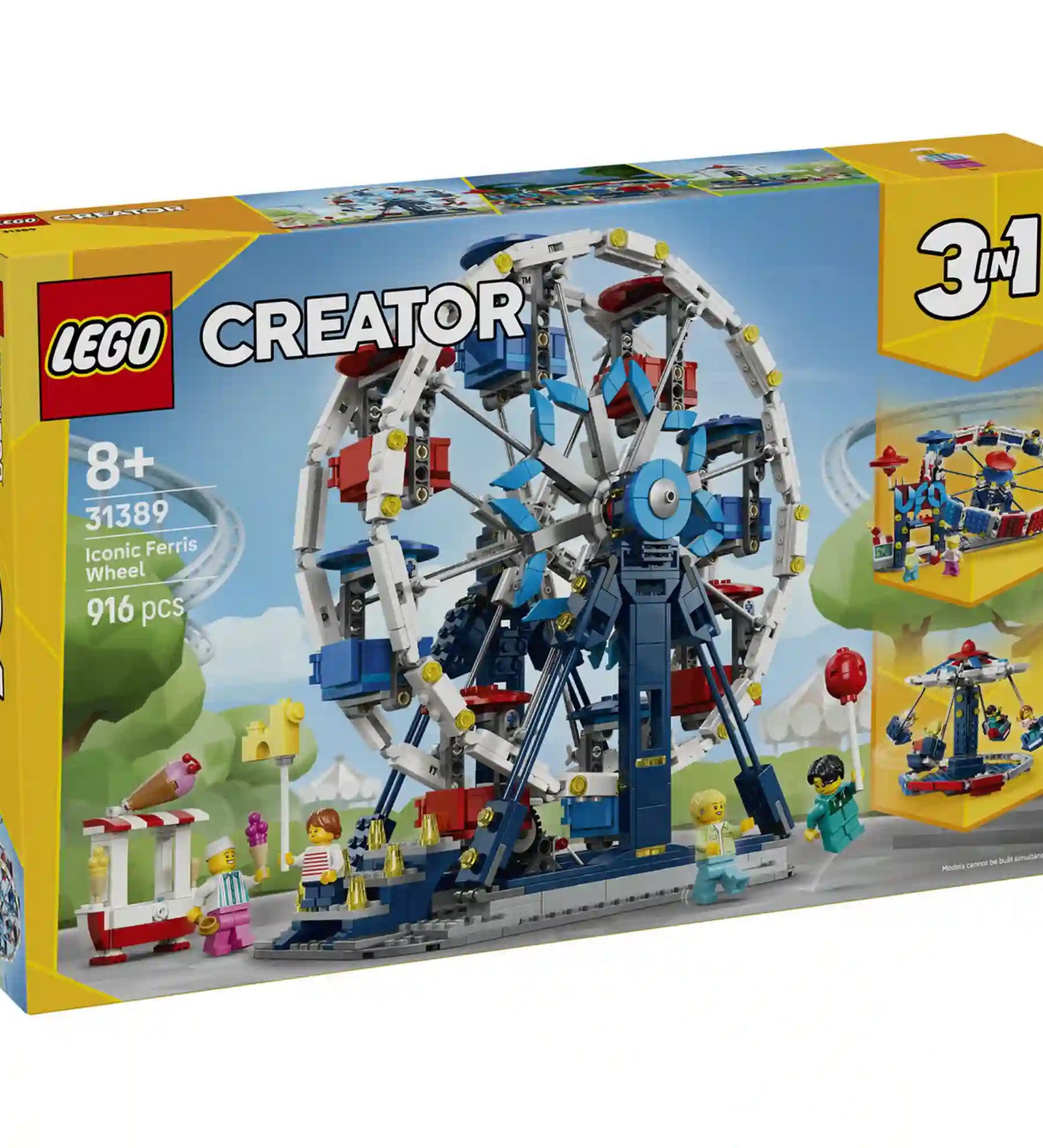 A LEGO Creator 3 az 1-ben Ikonikus óriáskerék (31389) készlet hivatalos dobozképe, amely a forgatható óriáskereket, a vidámparki környezetet és a két alternatív modellt mutatja be.