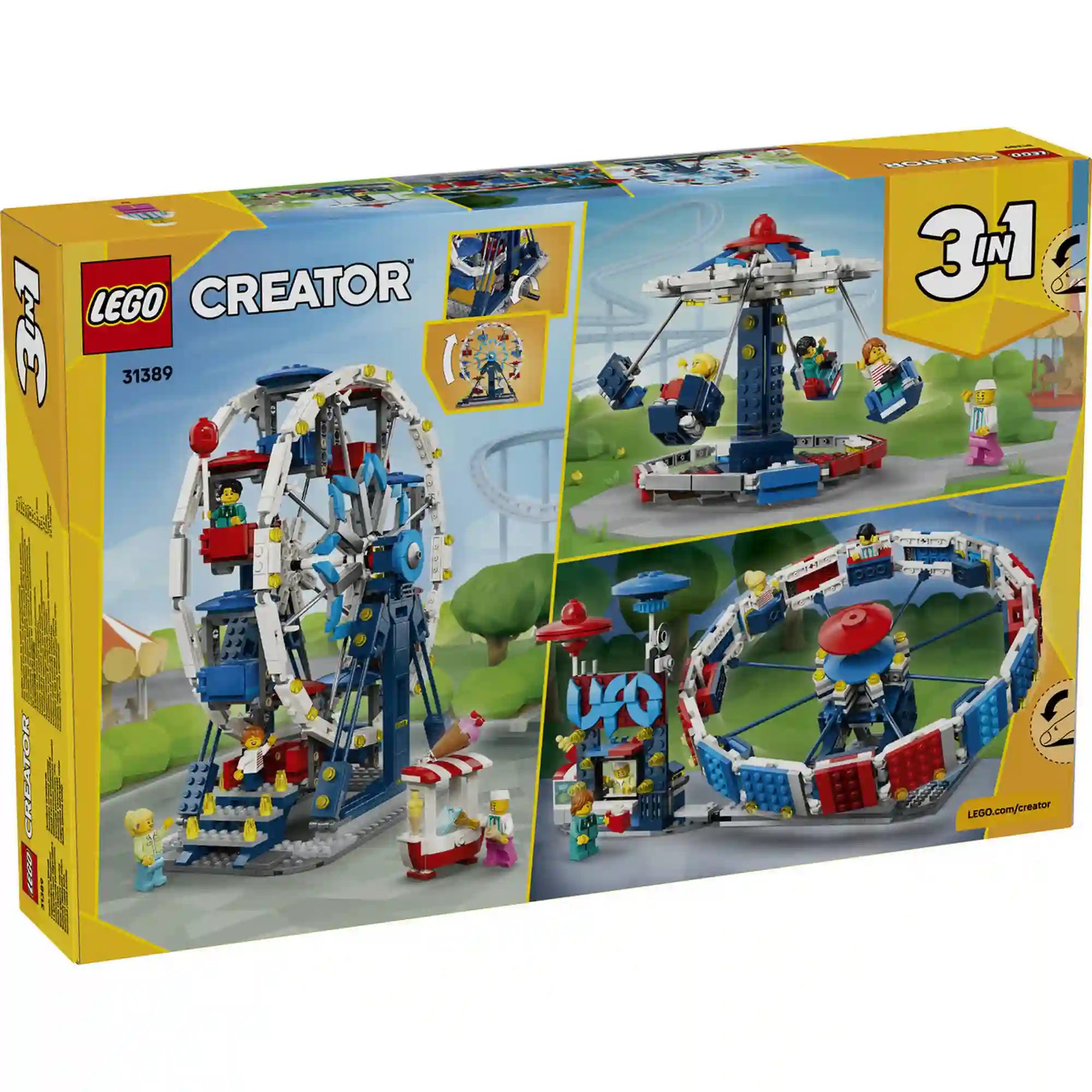 A LEGO Creator 3 az 1-ben Ikonikus óriáskerék (31389) készlet hátoldala, amely bemutatja a három építési lehetőséget: az óriáskereket, az UFO-körhintát és a láncos körhintát, valamint azok játéklehetőségeit.