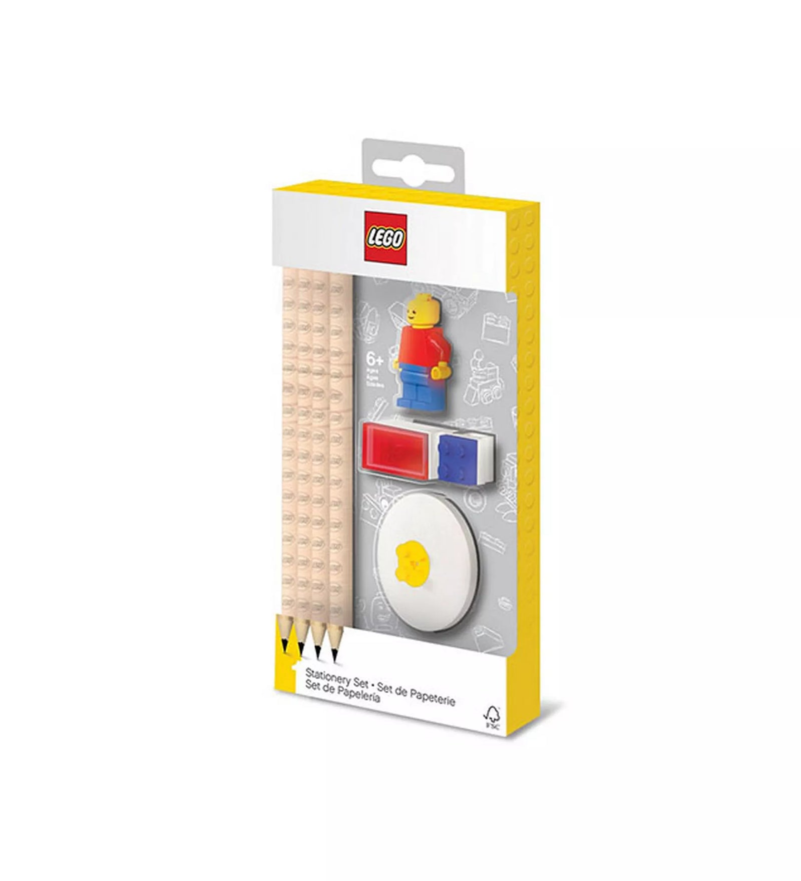 LEGO írószer szett 52053 ceruzákkal minifigurával radírral és hegyezővel LEGO dizájnú iskolai készlet csomagolásban.