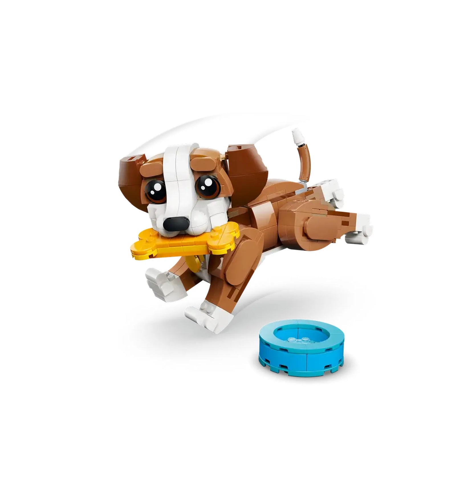 LEGO Creator 3 az 1-ben: Játékos kiskutya 31382 – A megépített kiskutya futás közben, csonttal és itatótállal.