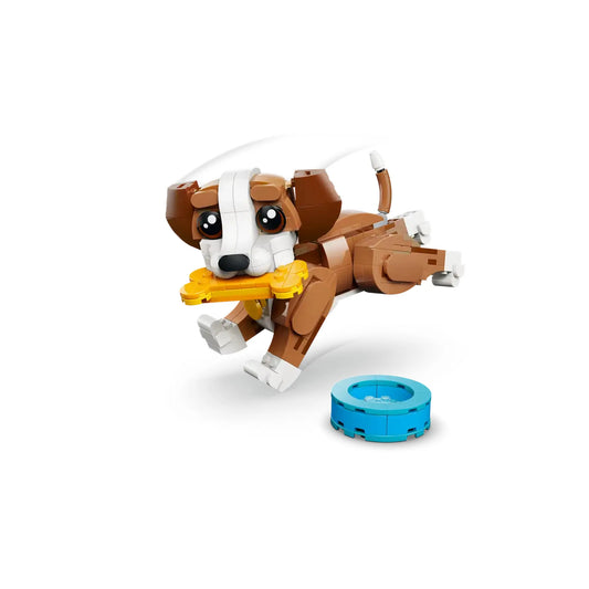 LEGO Creator 3 az 1-ben: Játékos kiskutya 31382 – A megépített kiskutya futás közben, csonttal és itatótállal.