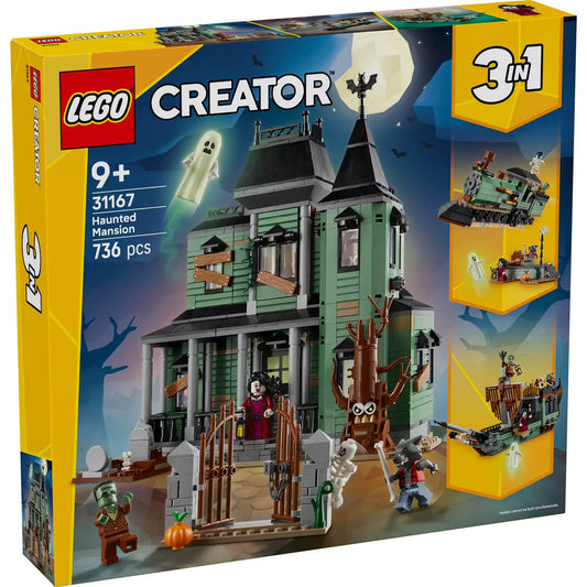 LEGO Creator Kísértetkastély (31167) doboz eleje – A 3 az 1-ben készlet doboza, rajta a zöld kísértetkastély, a telihold, szellemek és a minifigurák.