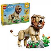LEGO Creator 3 az 1-ben Vadállatok: Fenséges oroszlán (31386) készlet megépített hím oroszlán modellje a szavannát idéző növényzettel és sziklákkal, a háttérben a készlet dobozával.