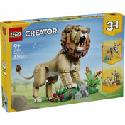 A LEGO Creator 3 az 1-ben Vadállatok: Fenséges oroszlán (31386) dobozának eleje, amely a fő hím oroszlán modellt és a két alternatív építési lehetőséget mutatja be.