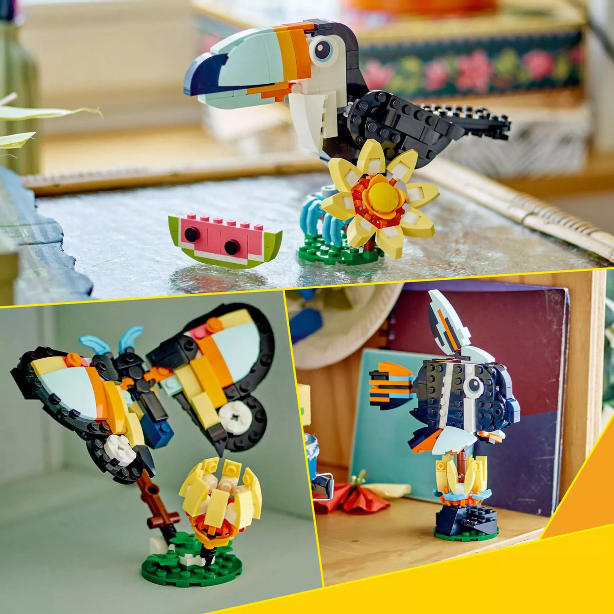 Háromféle megépített modell a LEGO Creator: Vadállatok – Trópusi tukán (31173) készletből: tukán, pillangó és trópusi hal.