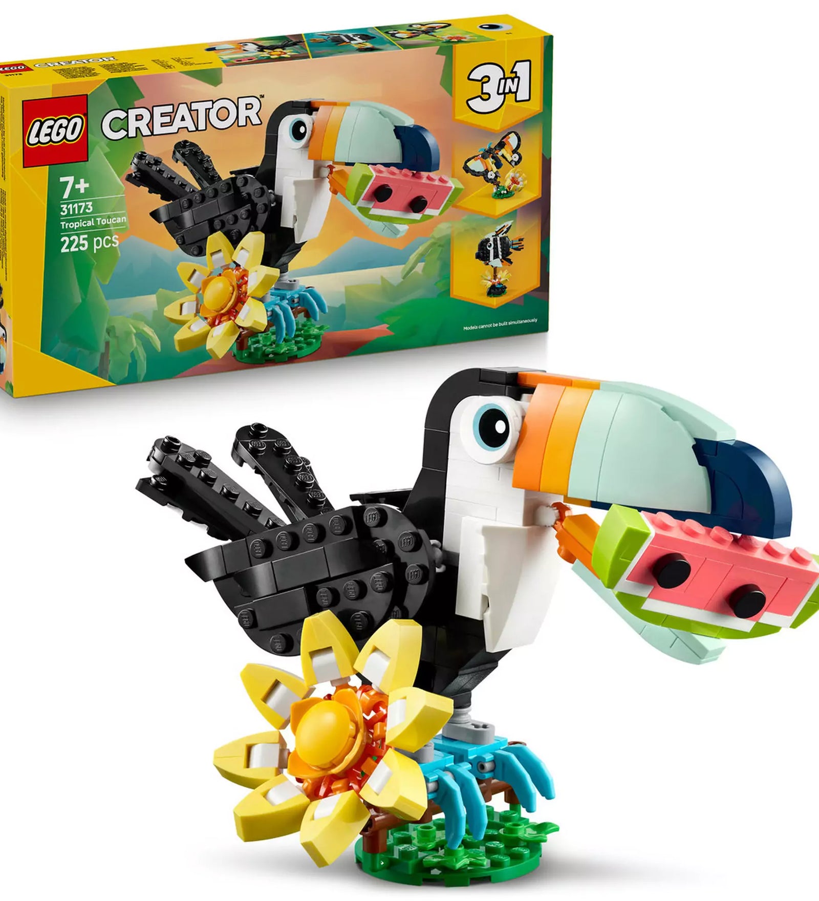 LEGO Creator: Vadállatok – Trópusi tukán (31173) készlet a tukán modellel és a dobozzal együtt, színes háttér előtt bemutatva.