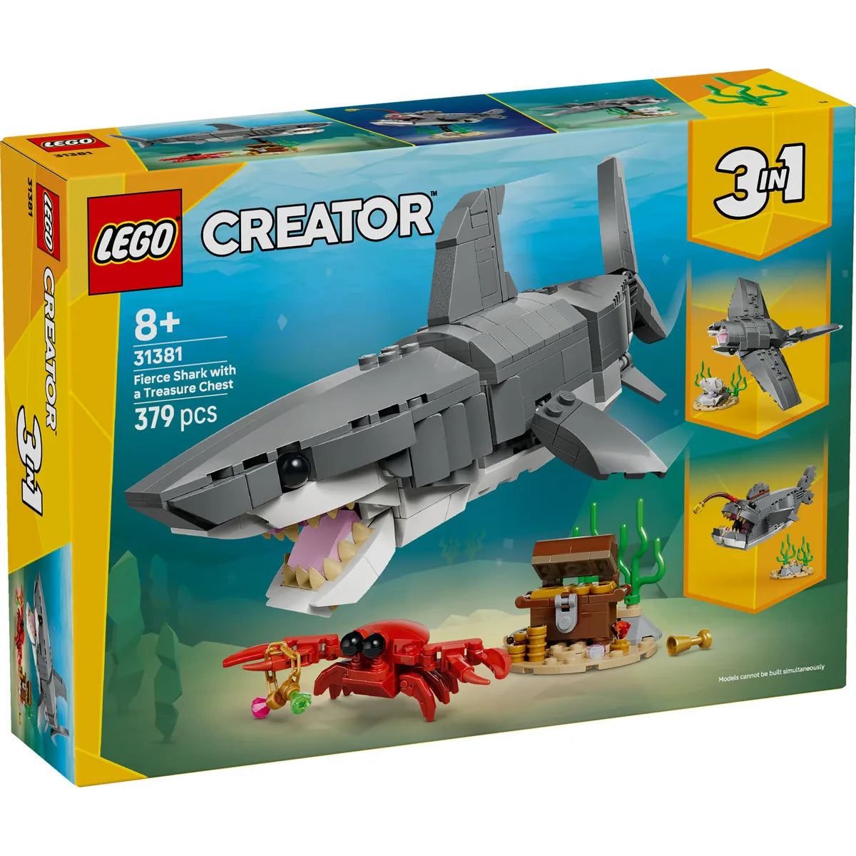 LEGO Creator 3 az 1-ben: Félelmetes cápa kincsesládával 31381 dobozkép, megépíthető cápa és tengeri kiegészítők