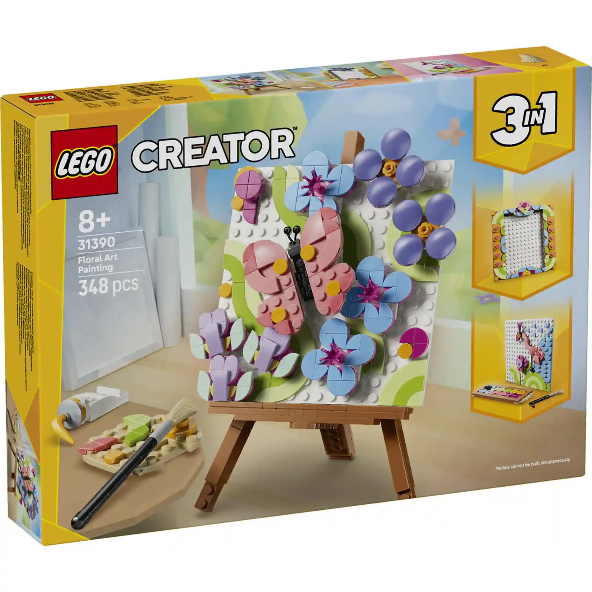 LEGO Creator 3 az 1-ben Virágos műalkotás (31390) készlet elülső dobozképe. A 348 darabos, 8 éves kortól ajánlott szett egy színes virágos alkotást ábrázol pillangóval, festőállvánnyal és művészeti kiegészítőkkel.