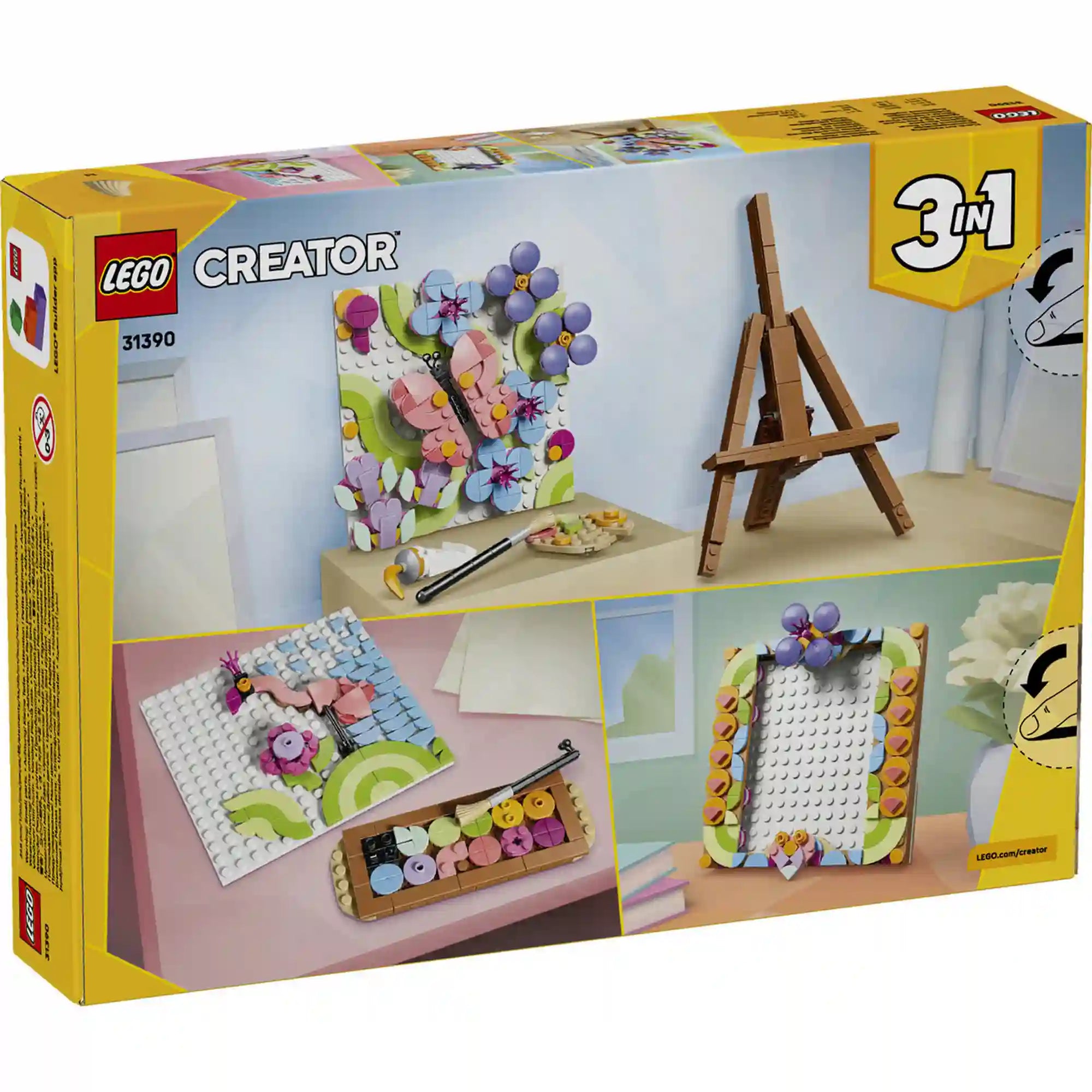 LEGO Creator 3 az 1-ben Virágos műalkotás (31390) készlet hátoldali dobozképe, amely bemutatja a megépíthető virágos faliképet rózsaszín pillangóval, kék virágokkal és lila bogyókkal, valamint a készlet alternatív építési lehetőségeit, köztük egy díszes képkeretet és festőállványos kiállítást.