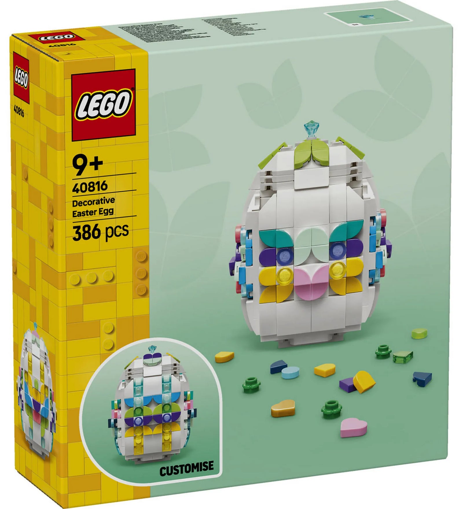 LEGO Dekoratív húsvéti tojás 40816 – A készlet dobozképe, rajta a megépített dekoratív LEGO húsvéti tojás és kiegészítők.