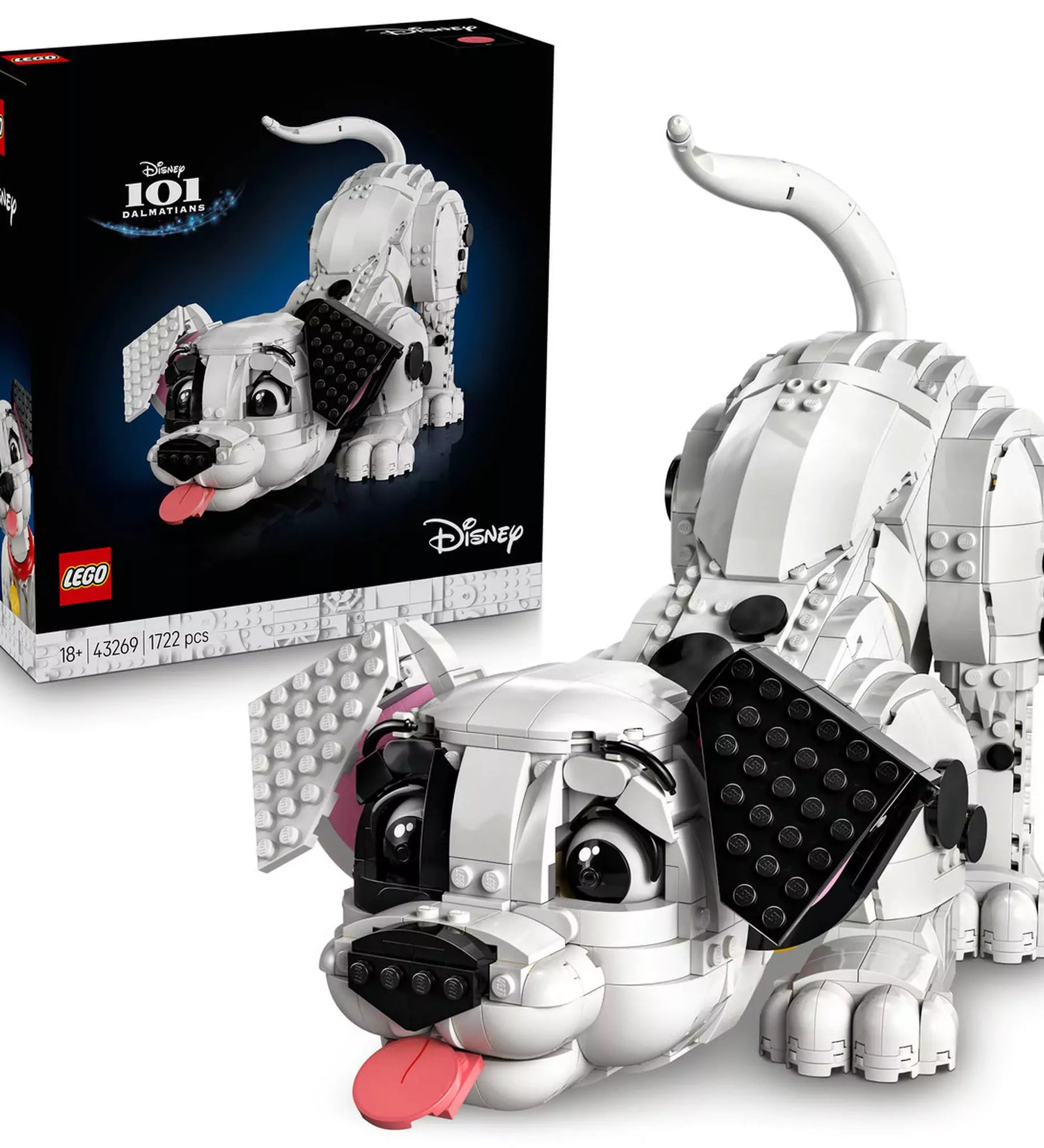 LEGO Disney 43269 Százegy kiskutya szett modellje és a hozzá tartozó doboz együtt, játékos testhelyzetben.