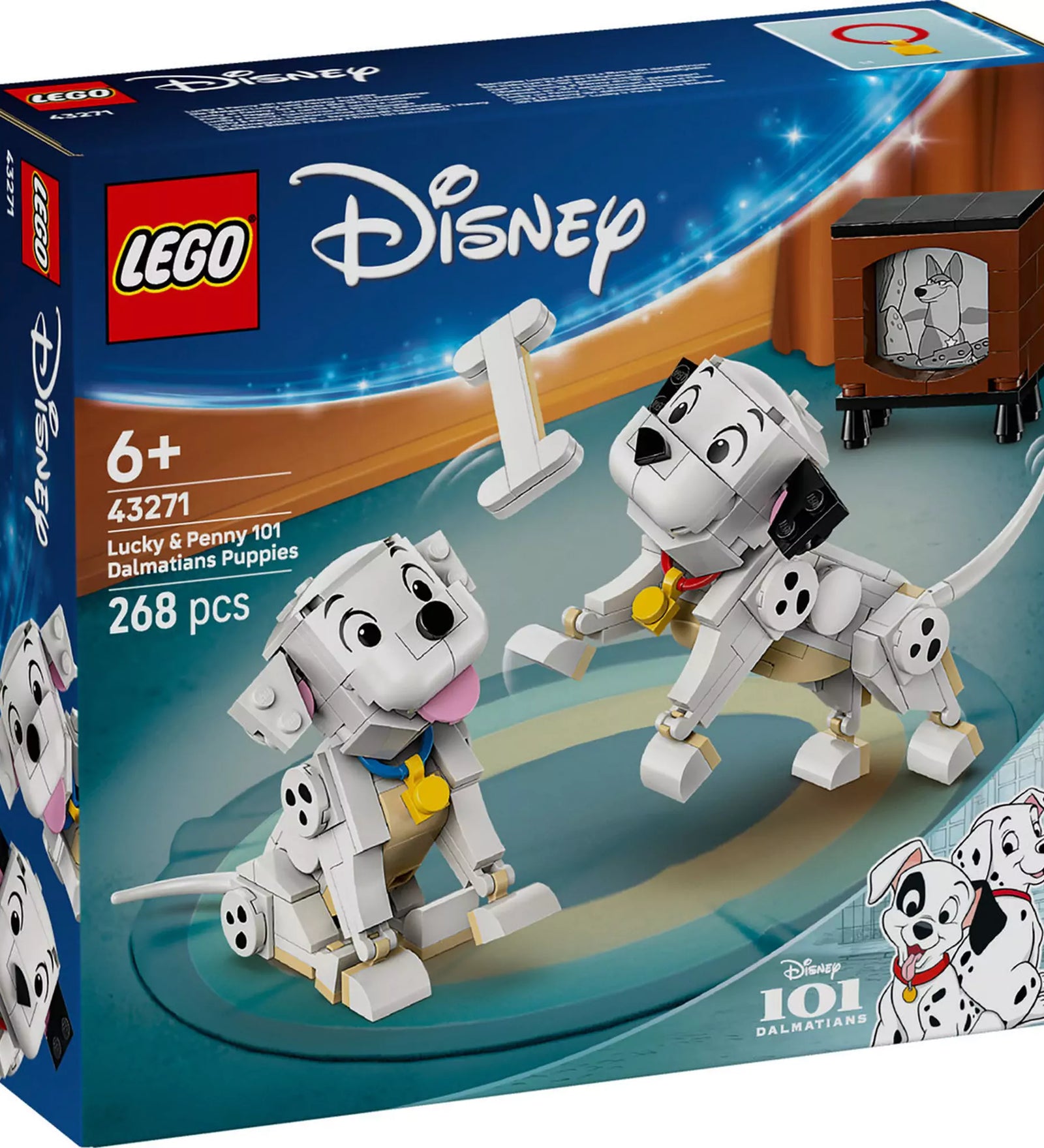 LEGO Disney Lucky és Penny kiskutyák (43271) doboza, amelyen két dalmata kölyökkutya és egy régi televízió látható.