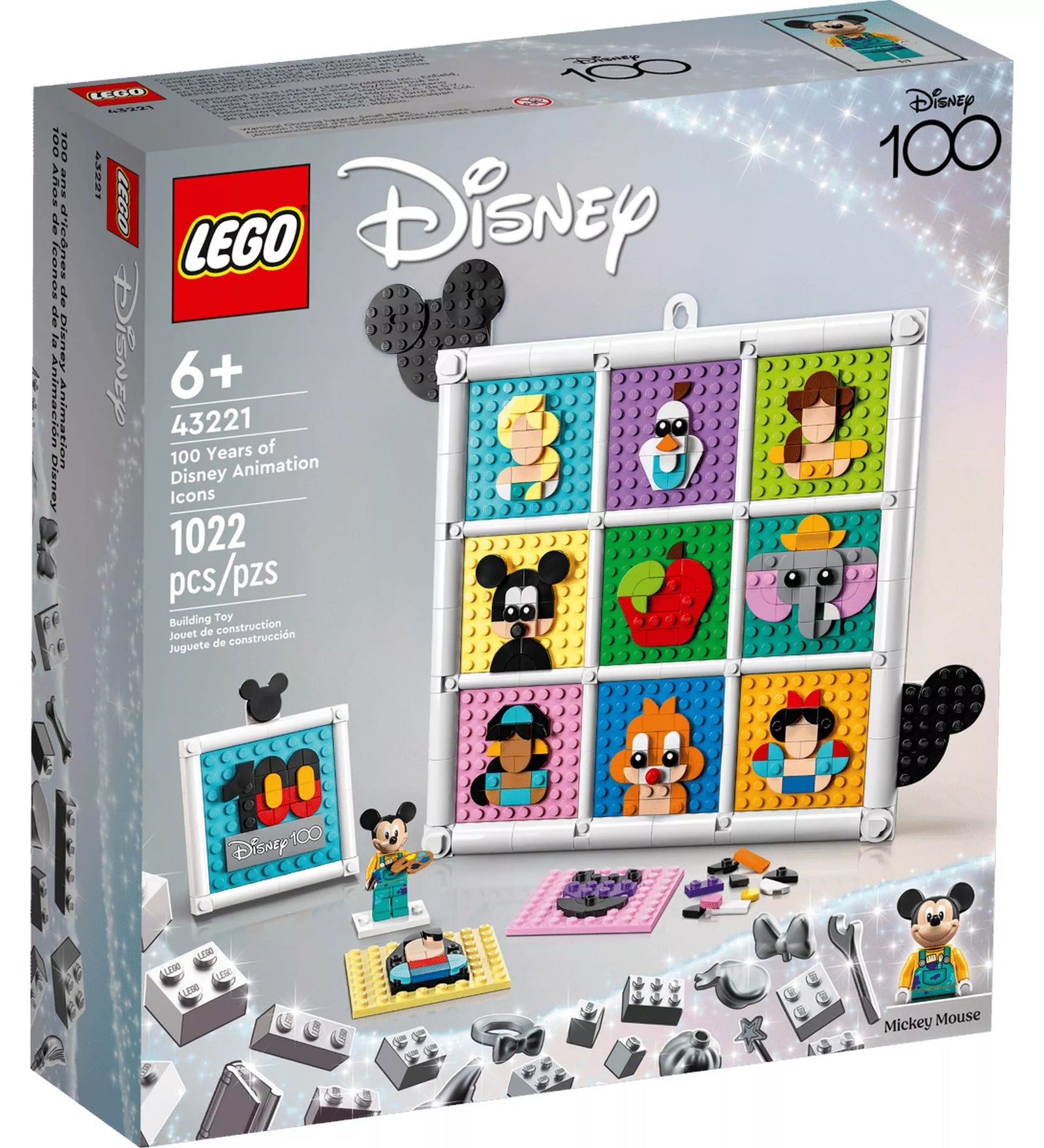 LEGO Disney 100 Years of Disney Animation Icons (43221) dobozkép, 3x3-as színes Disney karakter mozaikkal, Mickey minifigurával és 1022 darabos készlettel.