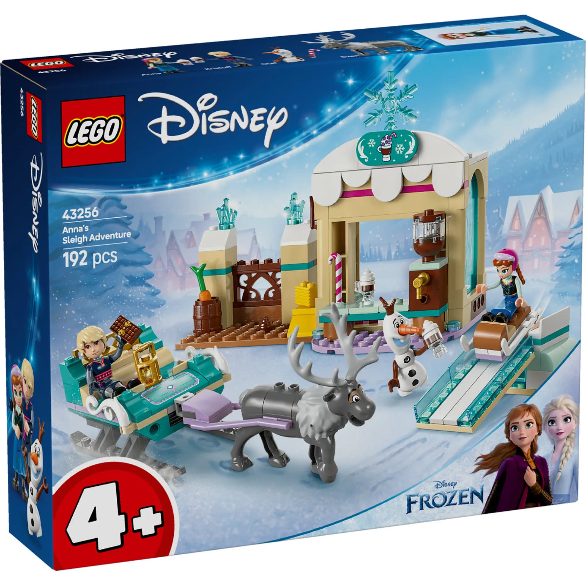 A LEGO Disney Anna szánkózós kalandjai (43256) játék szett doboza, a teljes téli kaland bemutatása Kristoff, Anna, Olaf és Sven társaságában.