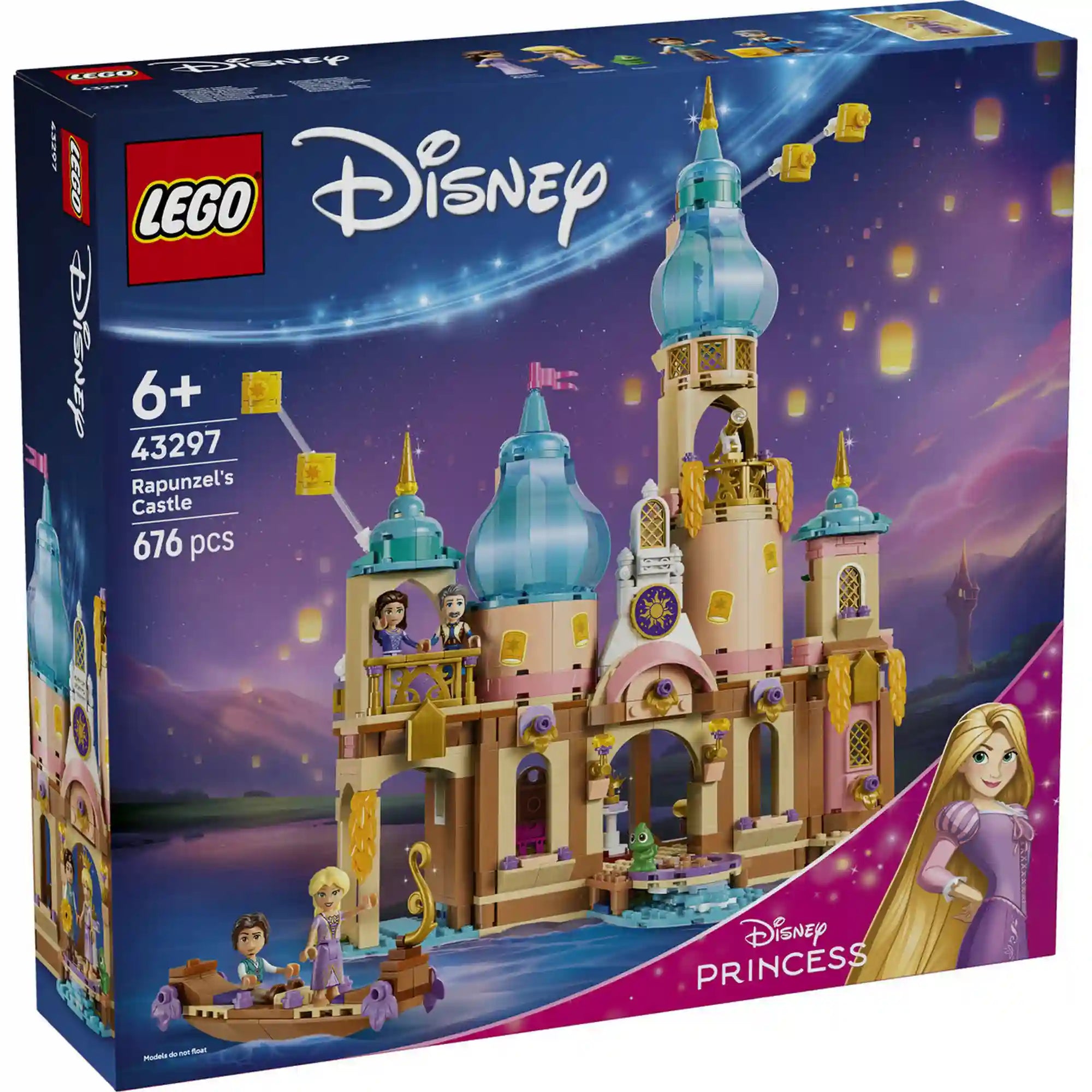 LEGO Disney: Aranyhaj kastélya 43297, 676 darabos készlet elülső dobozképe, amely a Disney Princess kastélyt, Aranyhajat, Flynn Ridert és Pascalt ábrázolja.