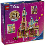 LEGO Disney: Aranyhaj kastélya 43297, 676 darabos készlet hátoldali dobozképe, amely bemutatja a kastély belső helyiségeit, a forgatható funkciókat és a szereplőket.
