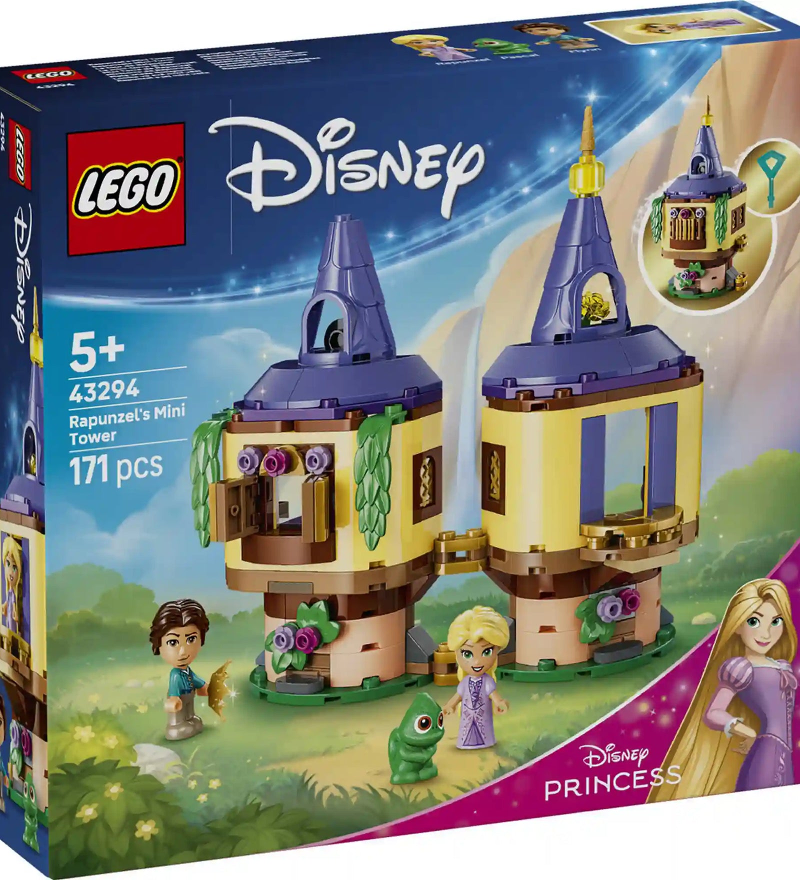 LEGO Disney: Aranyhaj minitornya 43294, 171 darabos készlet elülső dobozképe Aranyhaj tornyával, Pascal figurával és Disney Princess karakterekkel.
