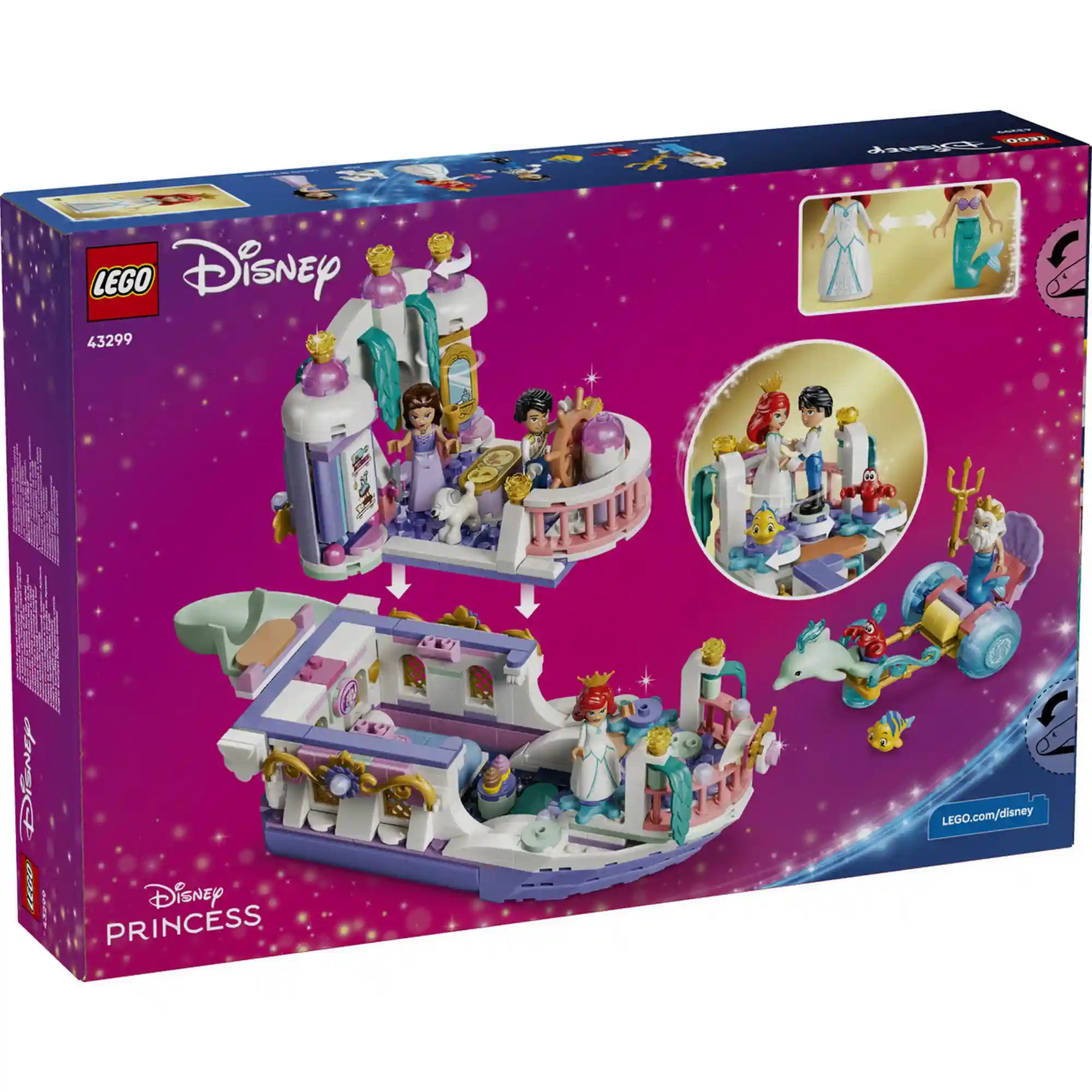 LEGO Disney: Ariel esküvői hajója 43299, 519 darabos készlet hátoldali dobozképe, amely bemutatja a hajó funkcióit, a figurákat és a játéklehetőségeket.