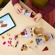 LEGO Disney: Belle és a Szörnyeteg varázslatos kastélya 43289, 254 darabos készlet építési folyamata, szétszedhető toronyrészekkel, minifigurákkal és digitális építési útmutatóval.